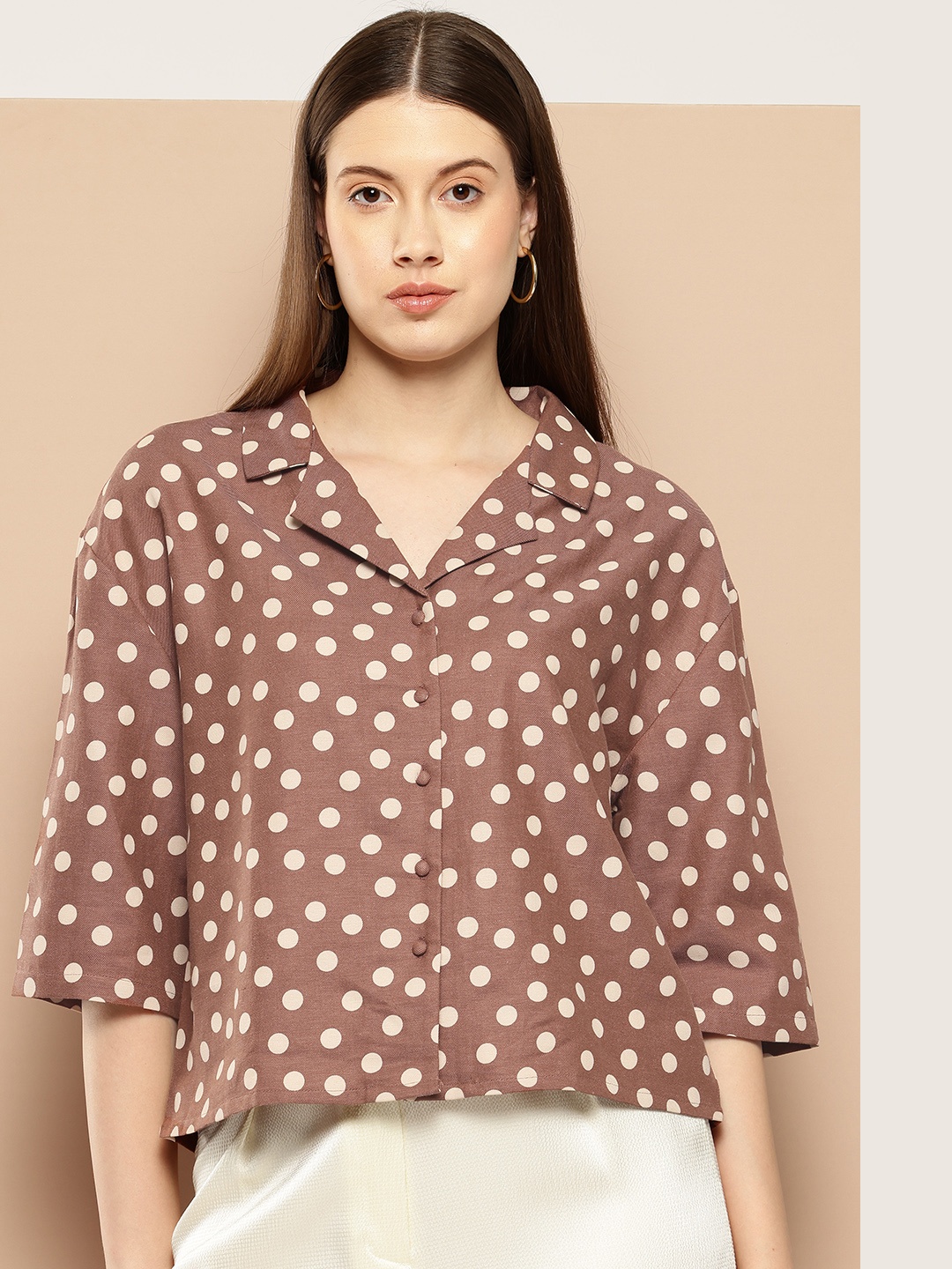 

her by invictus Women Polka Dot Printed Casual Shirt, Brown