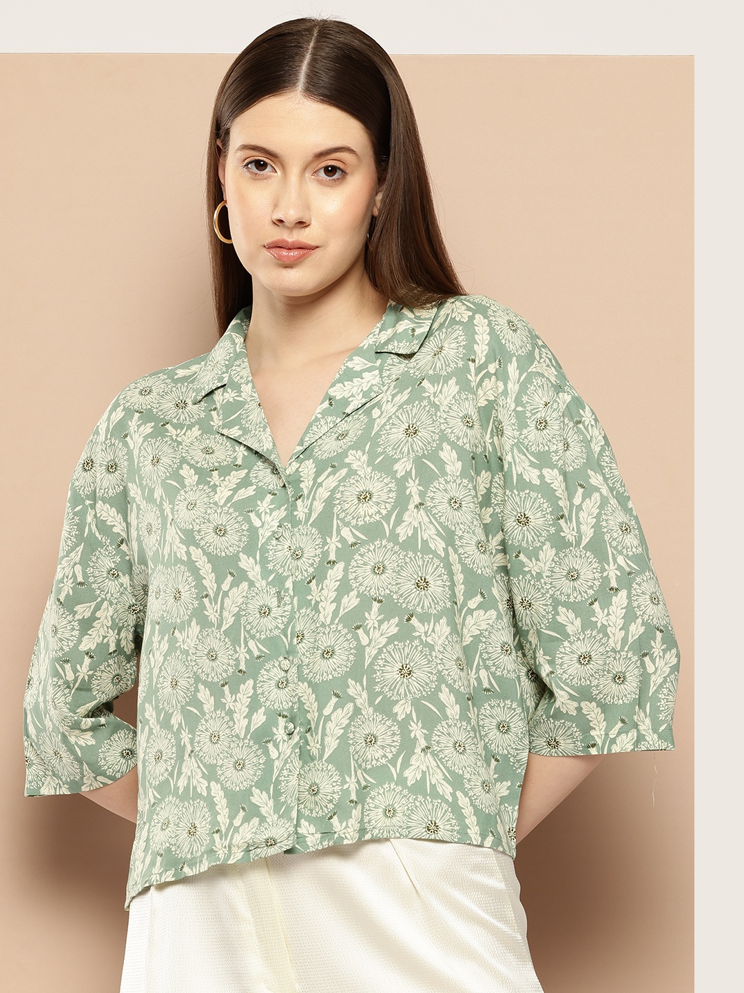 

her by invictus Women Floral Printed Casual Shirt, Green