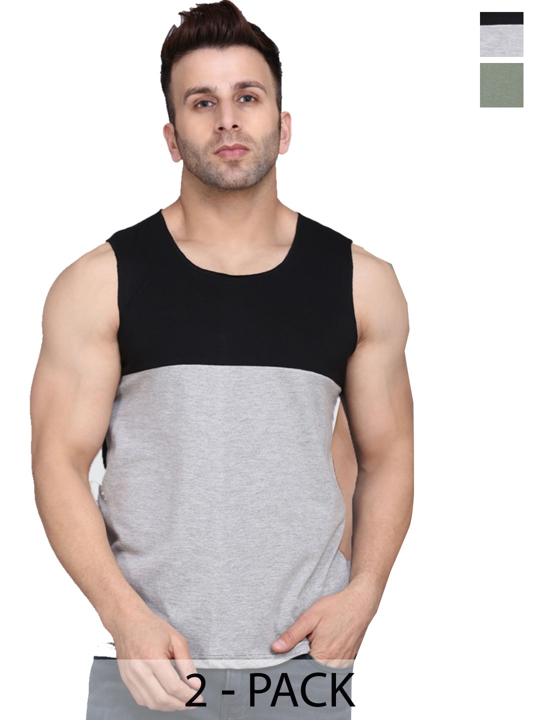 

SLOWLORIS Pack Of 2 Super Combed Cotton Gym Vests, Green