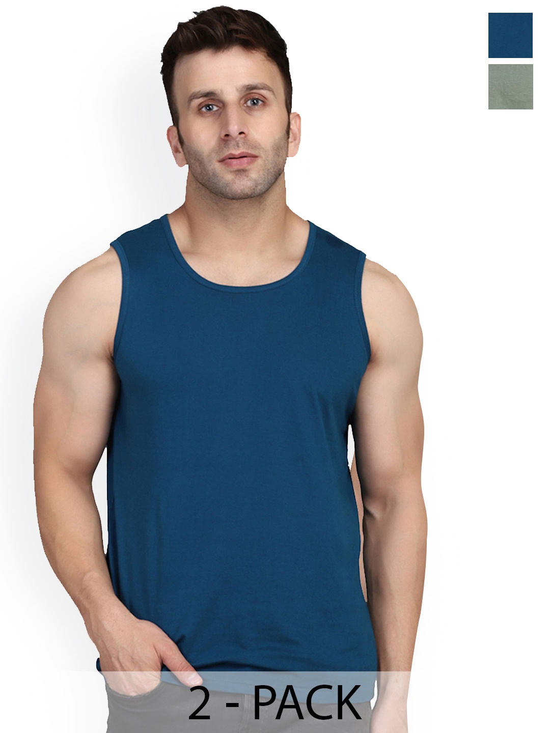 

SLOWLORIS Pack Of 2 Super Combed Cotton Gym Vests, Green
