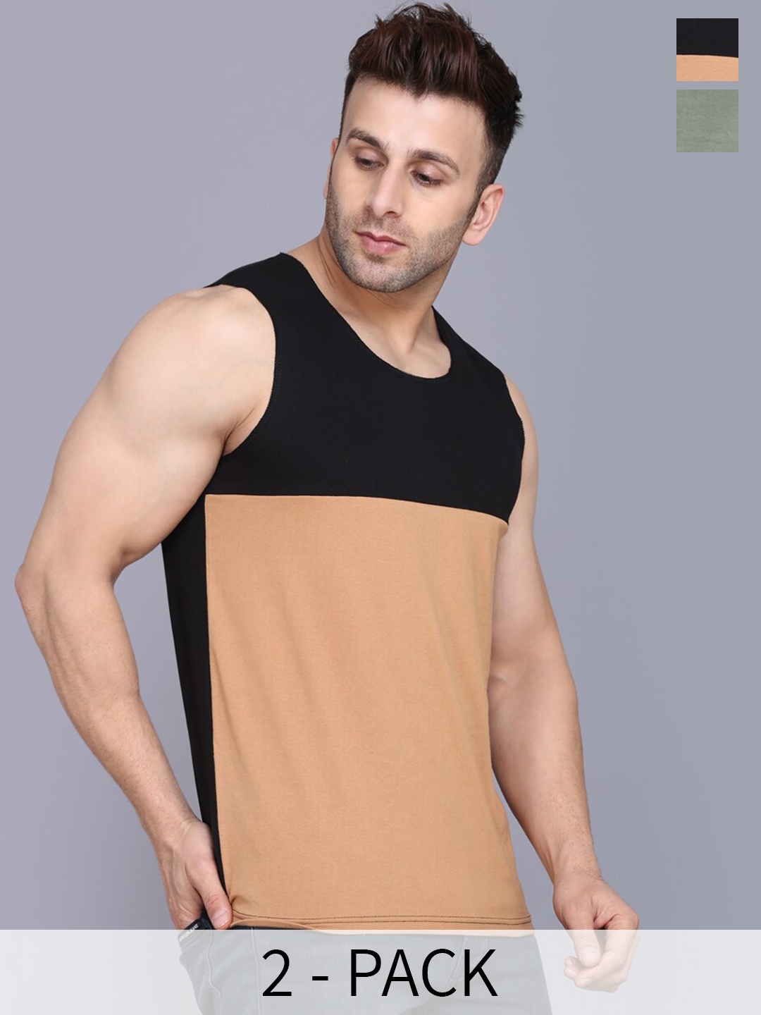 

SLOWLORIS Pack Of 2 Super Combed Cotton Gym Vests, Green