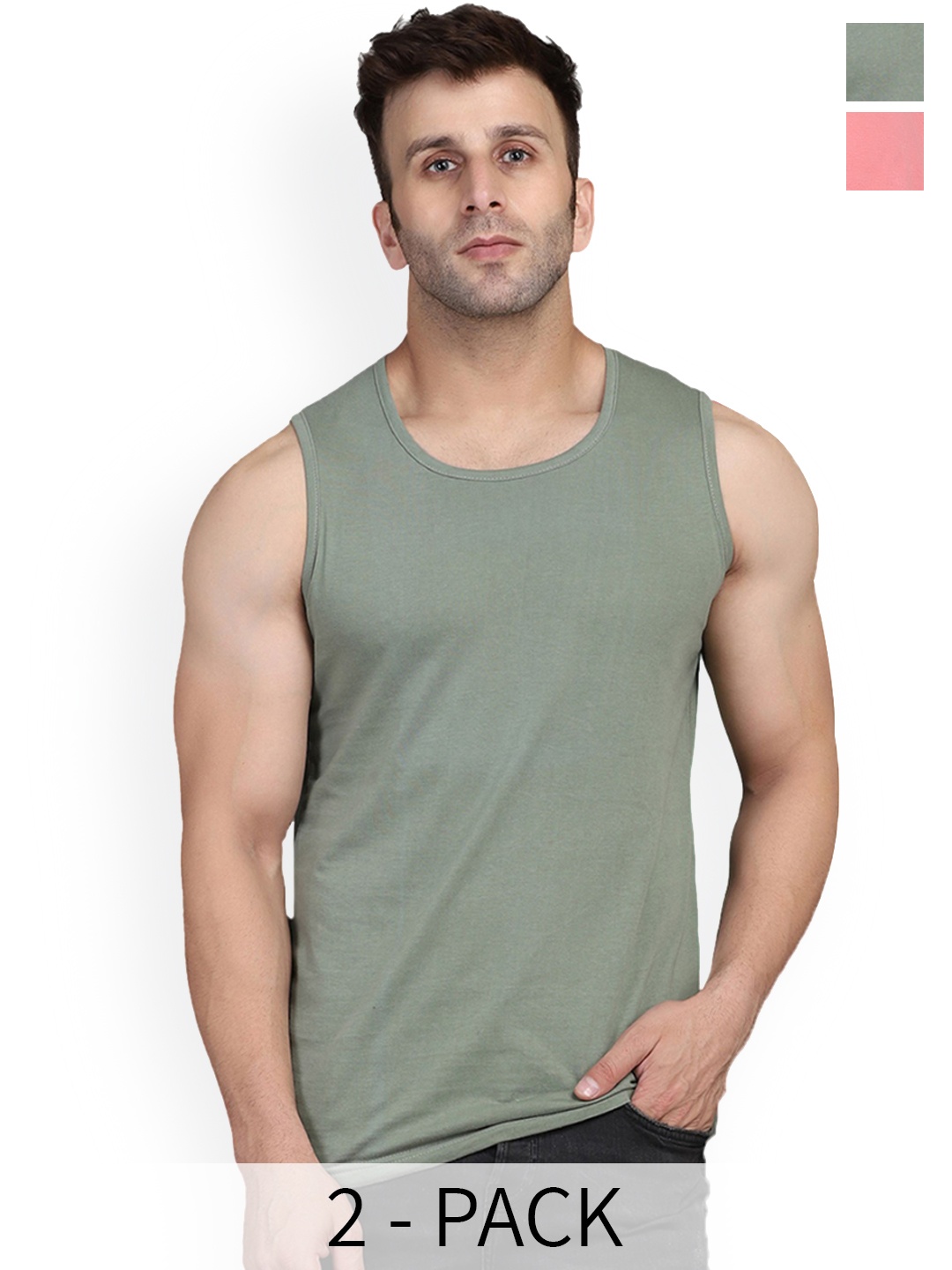

SLOWLORIS Pack Of 2 Super Combed Cotton Gym Vests, Green