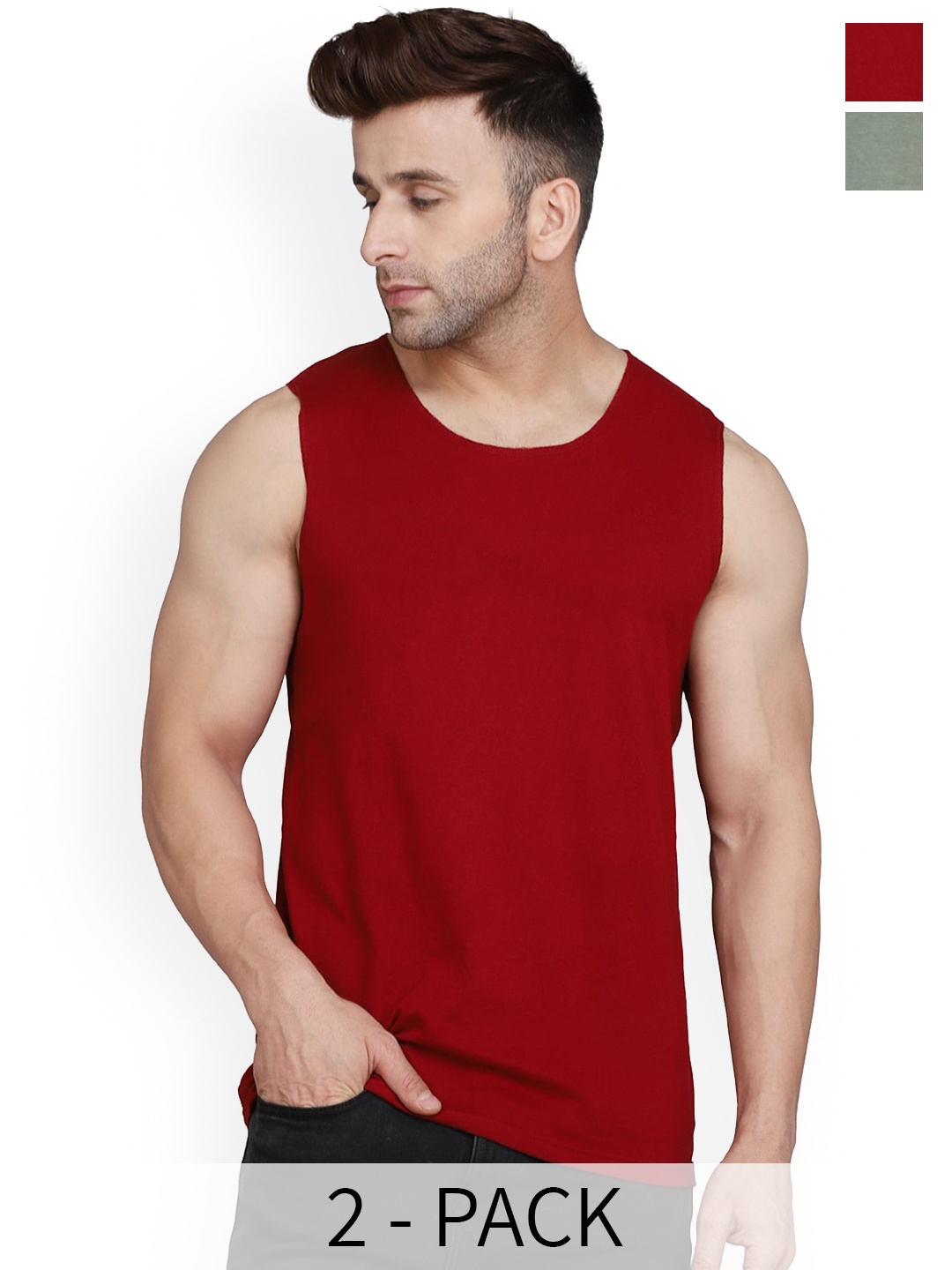 

SLOWLORIS Pack Of 2 Super Combed Cotton Gym VestsSL26 (LGTGREEN) (MAROON), Green