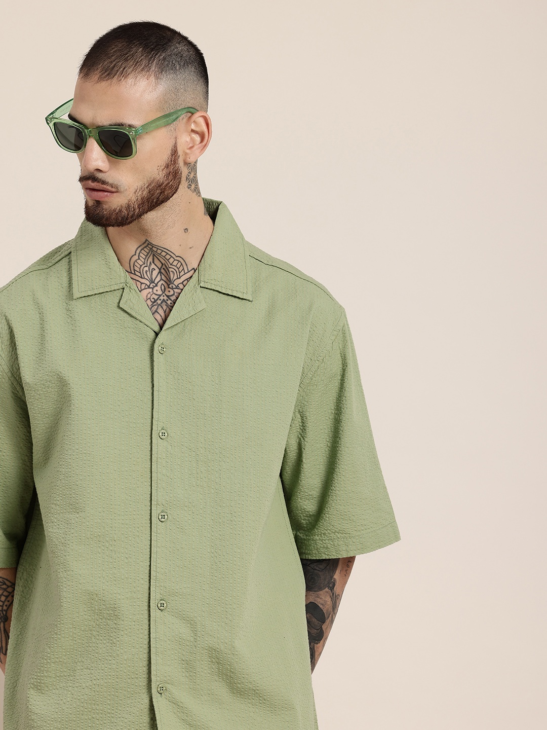 

HERE&NOW Pure Cotton Relaxed Fit Seersucker Casual Shirt, Green