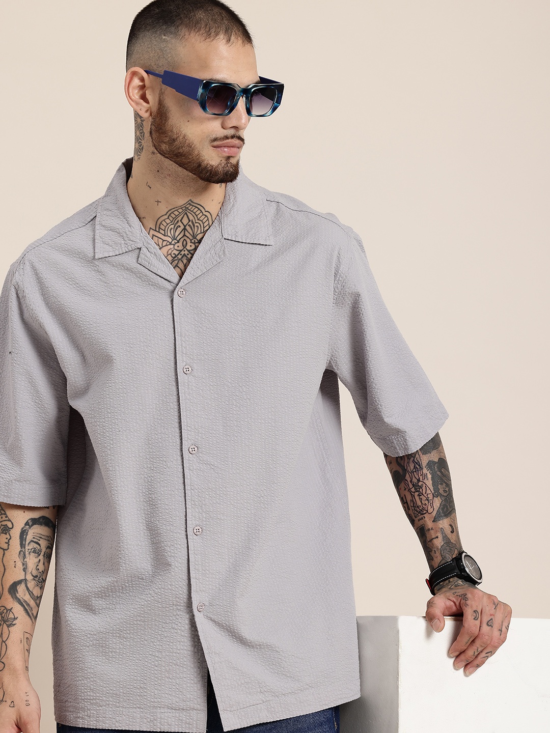 

HERE&NOW Pure Cotton Seersucker Casual Shirt, Grey