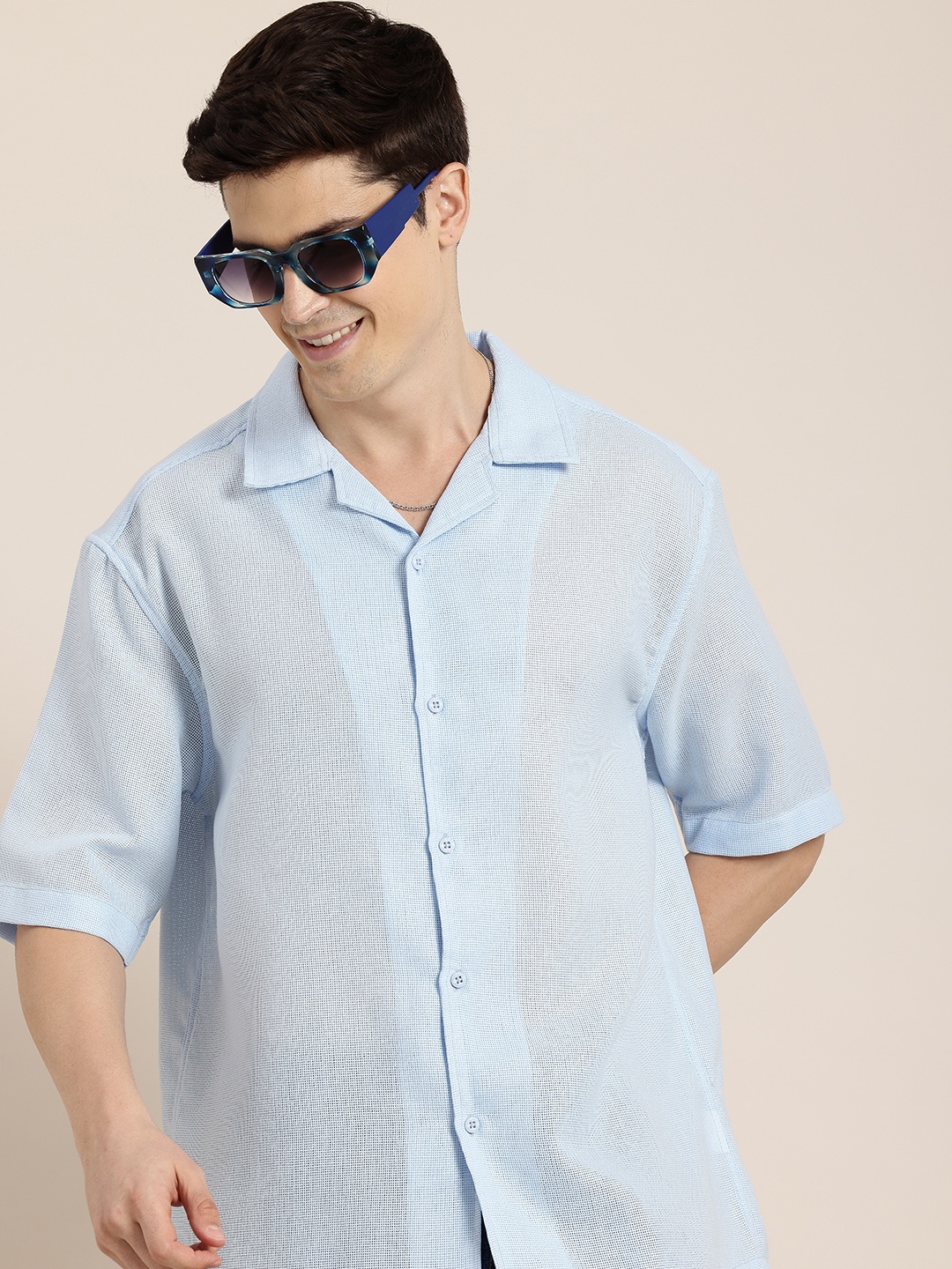 

HERE&NOW Semi Sheer Relaxed Fit Knitted Shirt, Blue