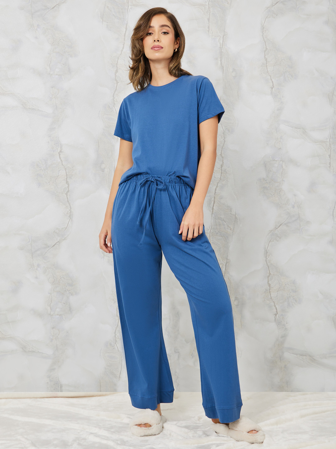 

Styli Pure Cotton Night T-Shirt With Pyjamas Co-Ods, Blue