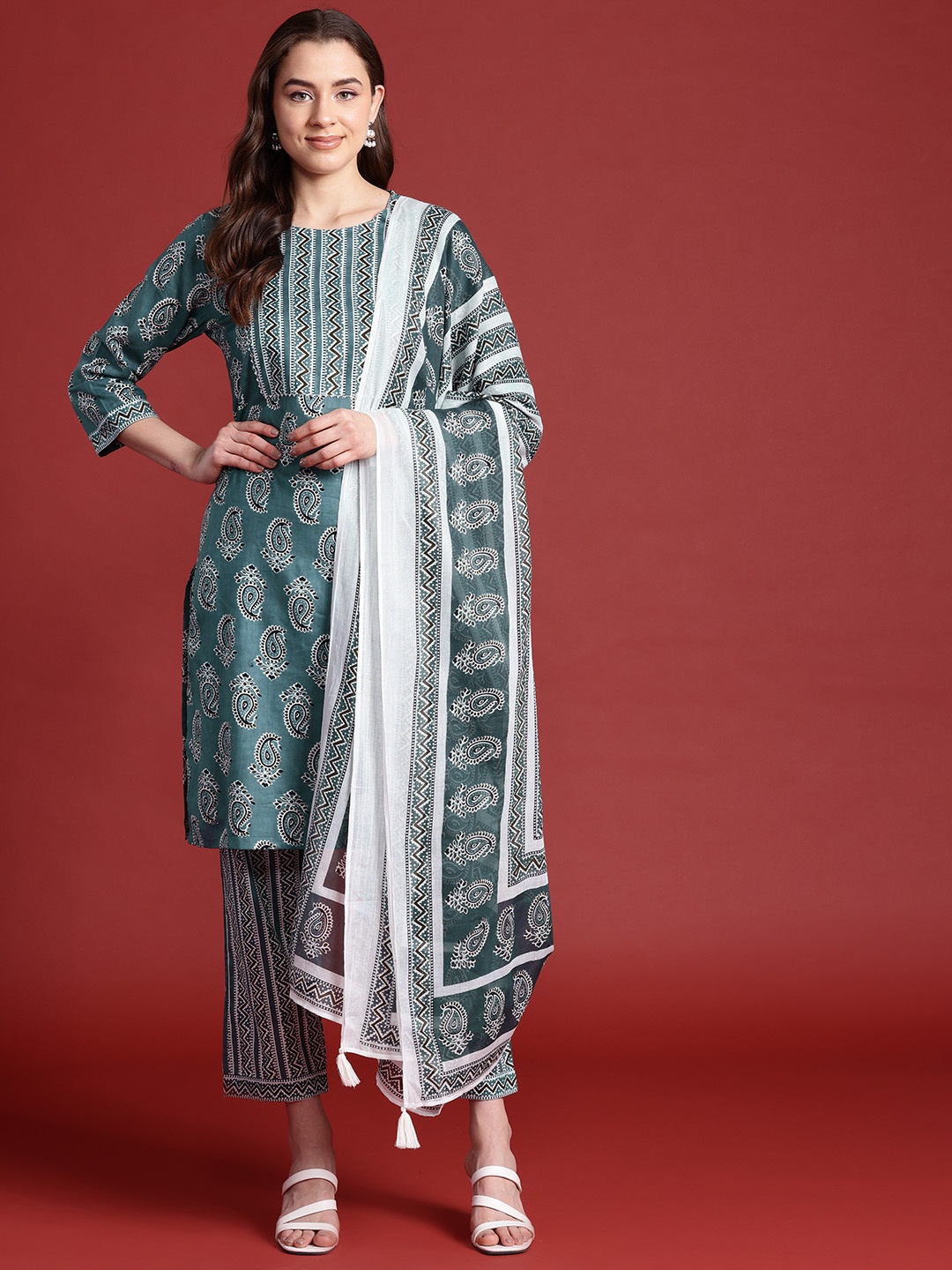 

Anouk Paisley Pure Cotton Kurta with Trousers & Dupatta, Teal