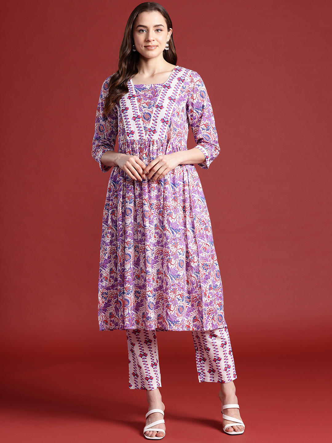 

Anouk Women Ethnic Motifs Printed Regular Gotta Patti Pure Cotton Kurta with Trousers, Purple