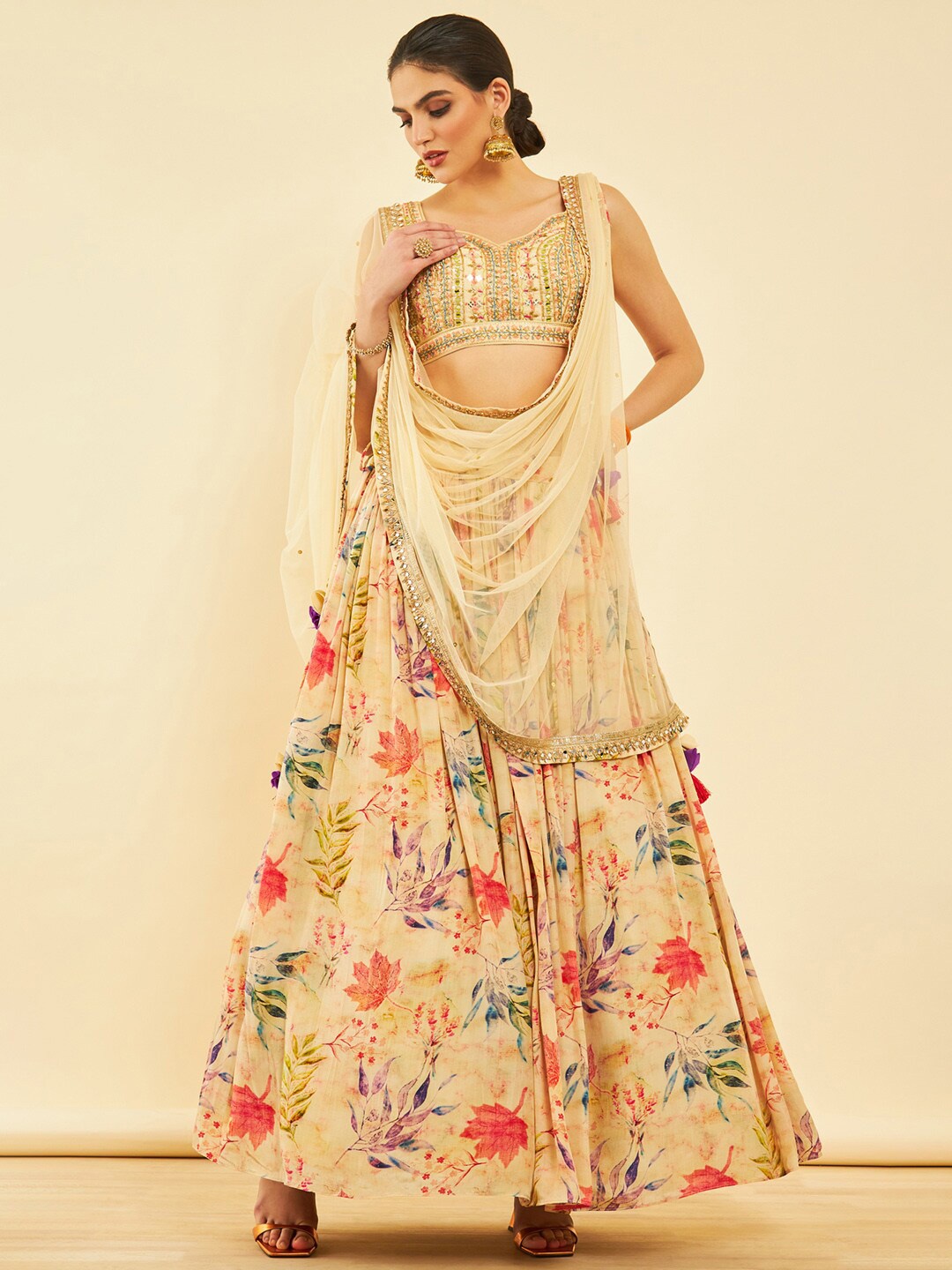 

Soch Embellished Mirror Work Ready to Wear Lehenga & Blouse With Dupatta, Beige