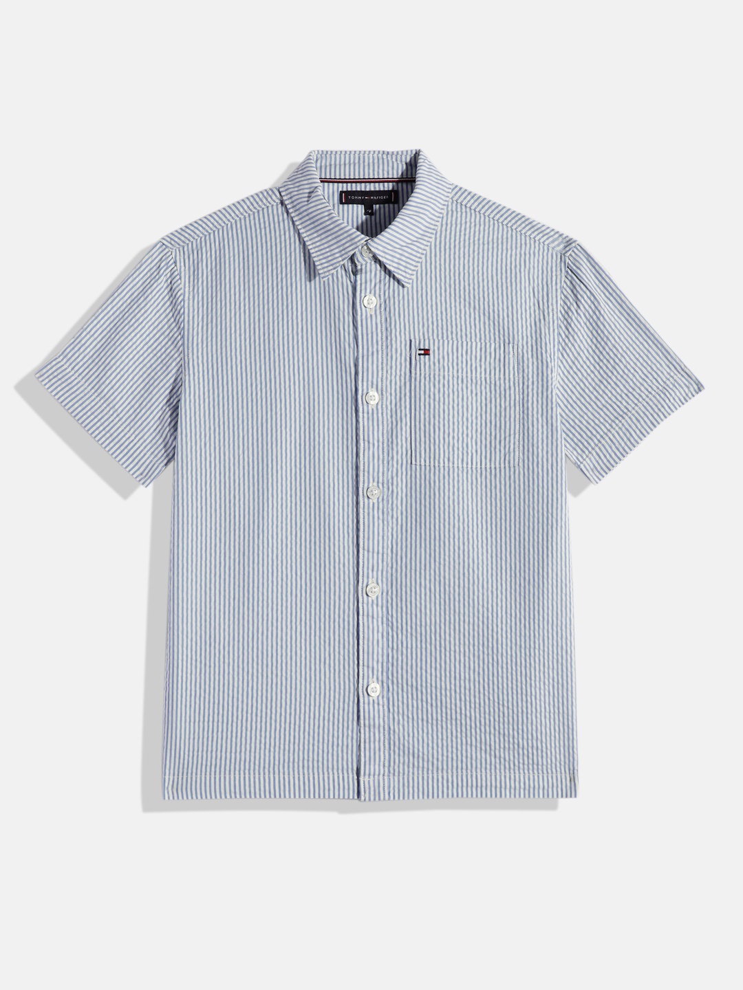 

Tommy Hilfiger Boys Vertical Stripes Opaque Seersucker Pure Cotton Casual Shirt, Blue