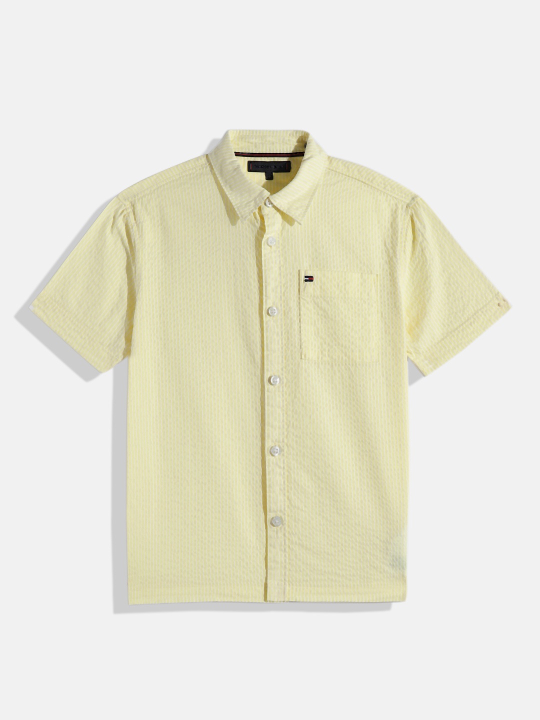

Tommy Hilfiger Boys Vertical Stripes Opaque Seersucker Pure Cotton Casual Shirt, Yellow