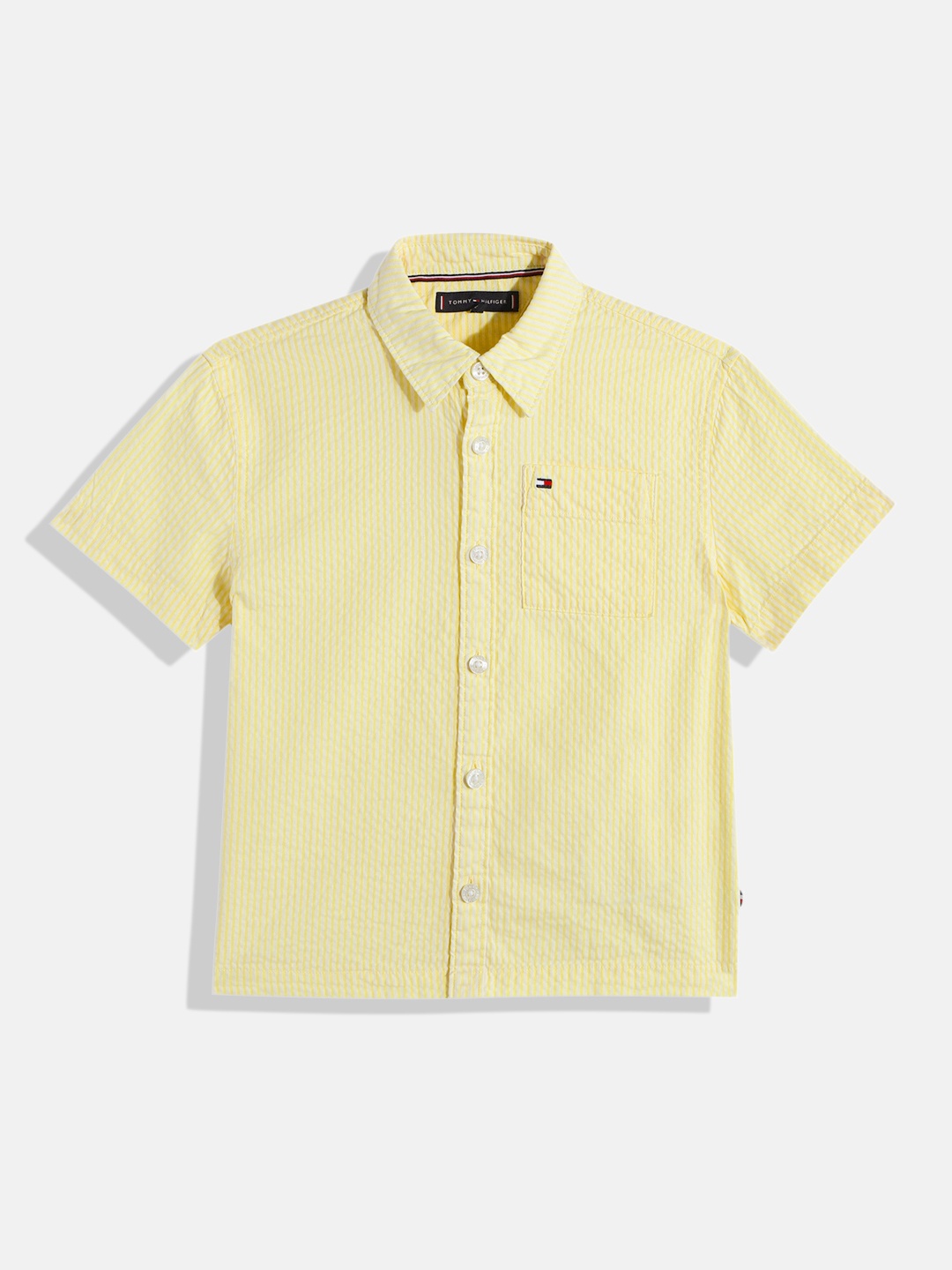 

Tommy Hilfiger Boys Vertical Stripes Opaque Seersucker Pure Cotton Casual Shirt, Yellow