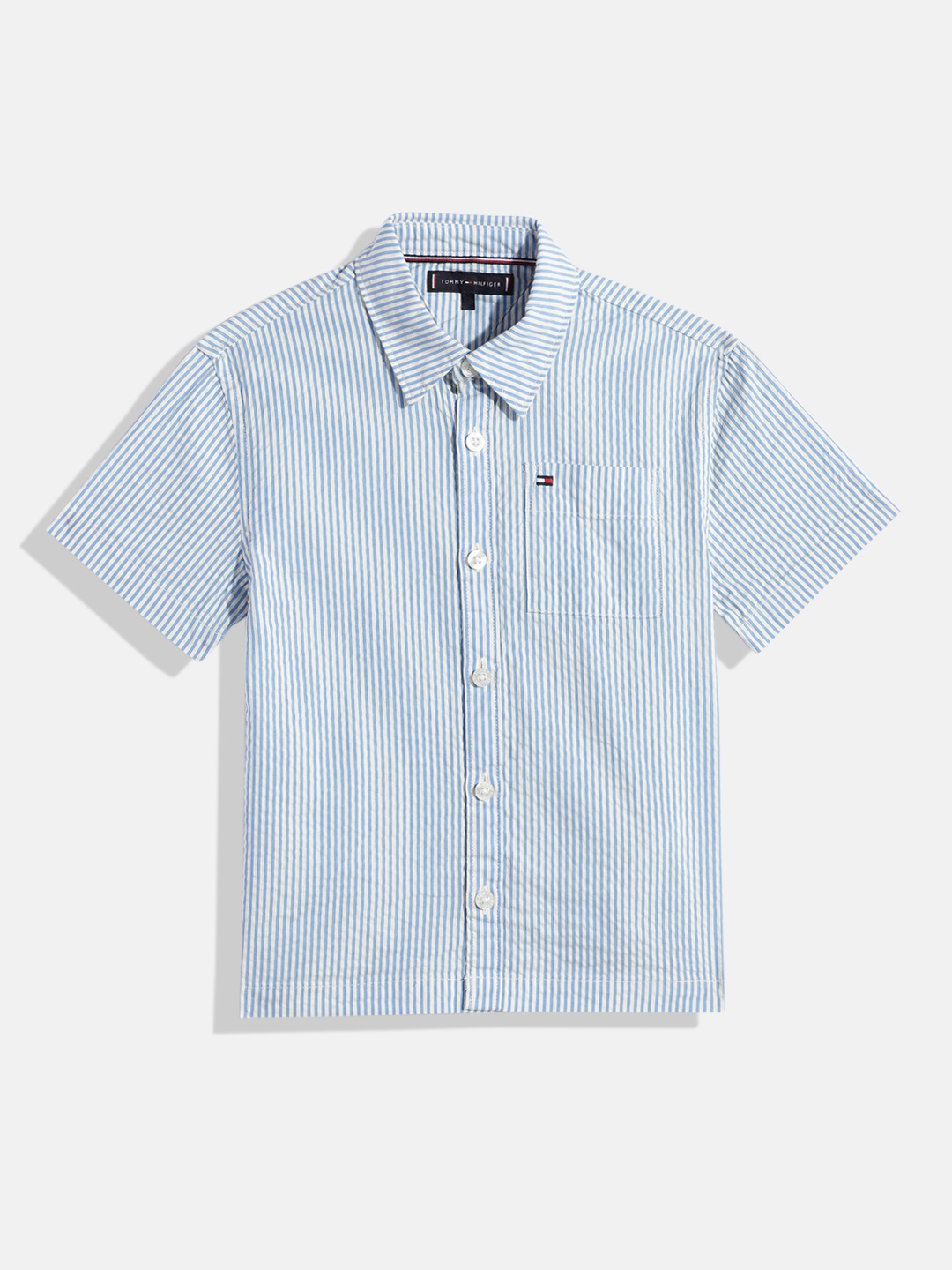 

Tommy Hilfiger Boys Seersucker Striped Pure Cotton Casual Shirt, Blue