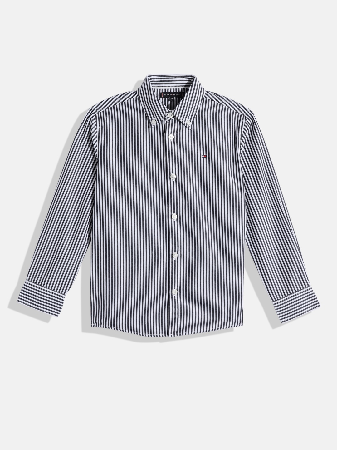 

Tommy Hilfiger Boys Vertical Stripes Opaque Organic Cotton Monochrome Casual Shirt, Black