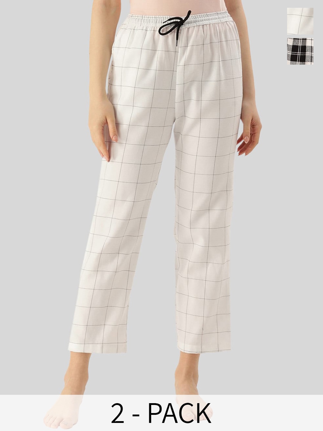 

Kryptic Women Set Of 2 Checked Cotton Lounge Pants, Black