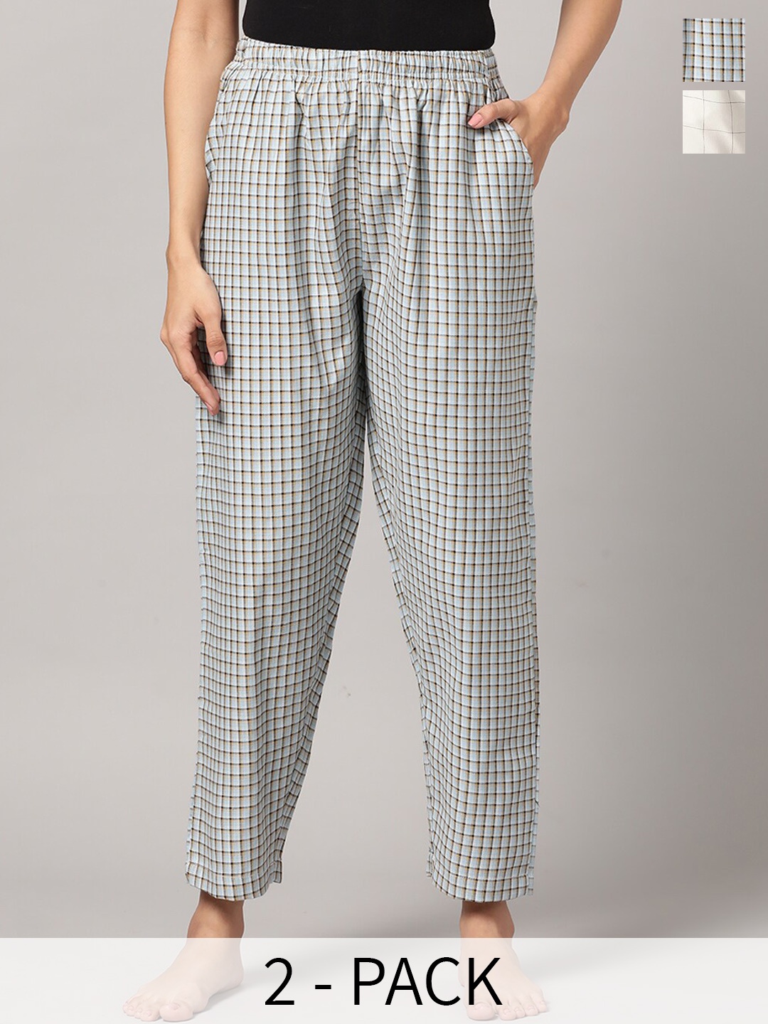 

Kryptic Women Set Of 2 Checked Cotton Lounge Pants, Blue