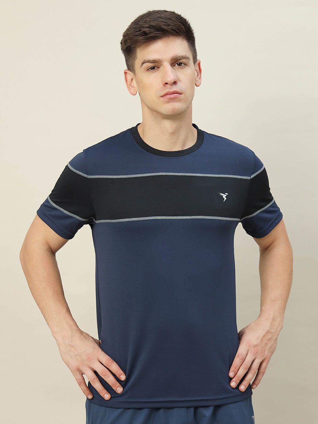 

Technosport SS'24 Colourblocked Round Neck Rapid-Dry Slim Fit T-shirt, Navy blue