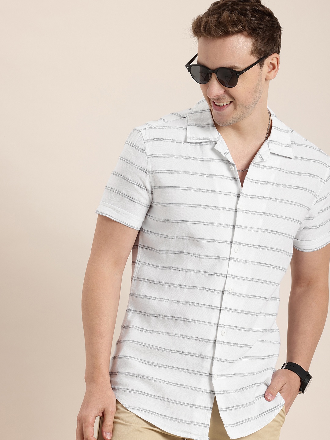 

HERE&NOW Slim Fit Striped Pure Cotton Casual Shirt, White