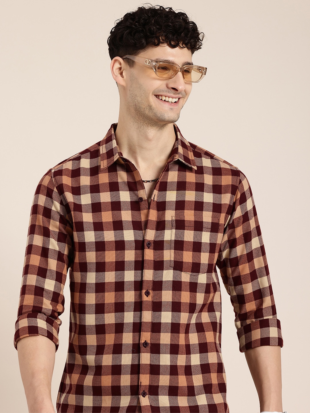 

HERE&NOW Men Slim Fit Buffalo Checks Opaque Checked Casual Shirt, Maroon