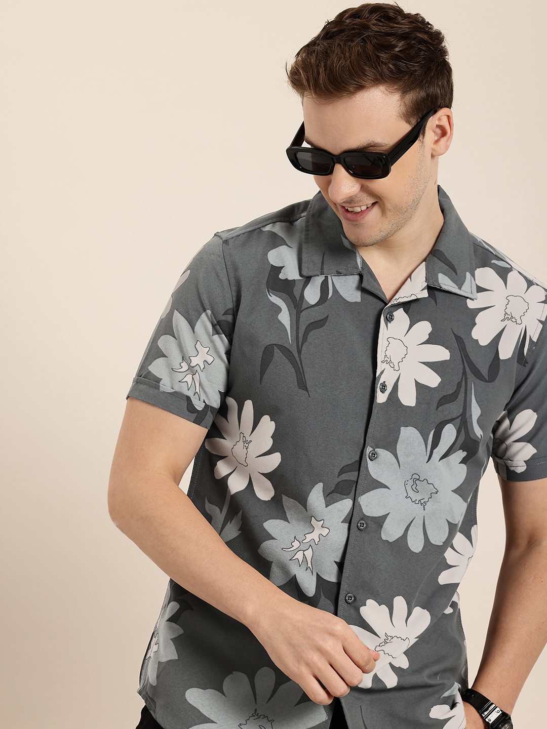 

HERE&NOW Slim Fit Floral Printed Casual Shirt, Grey