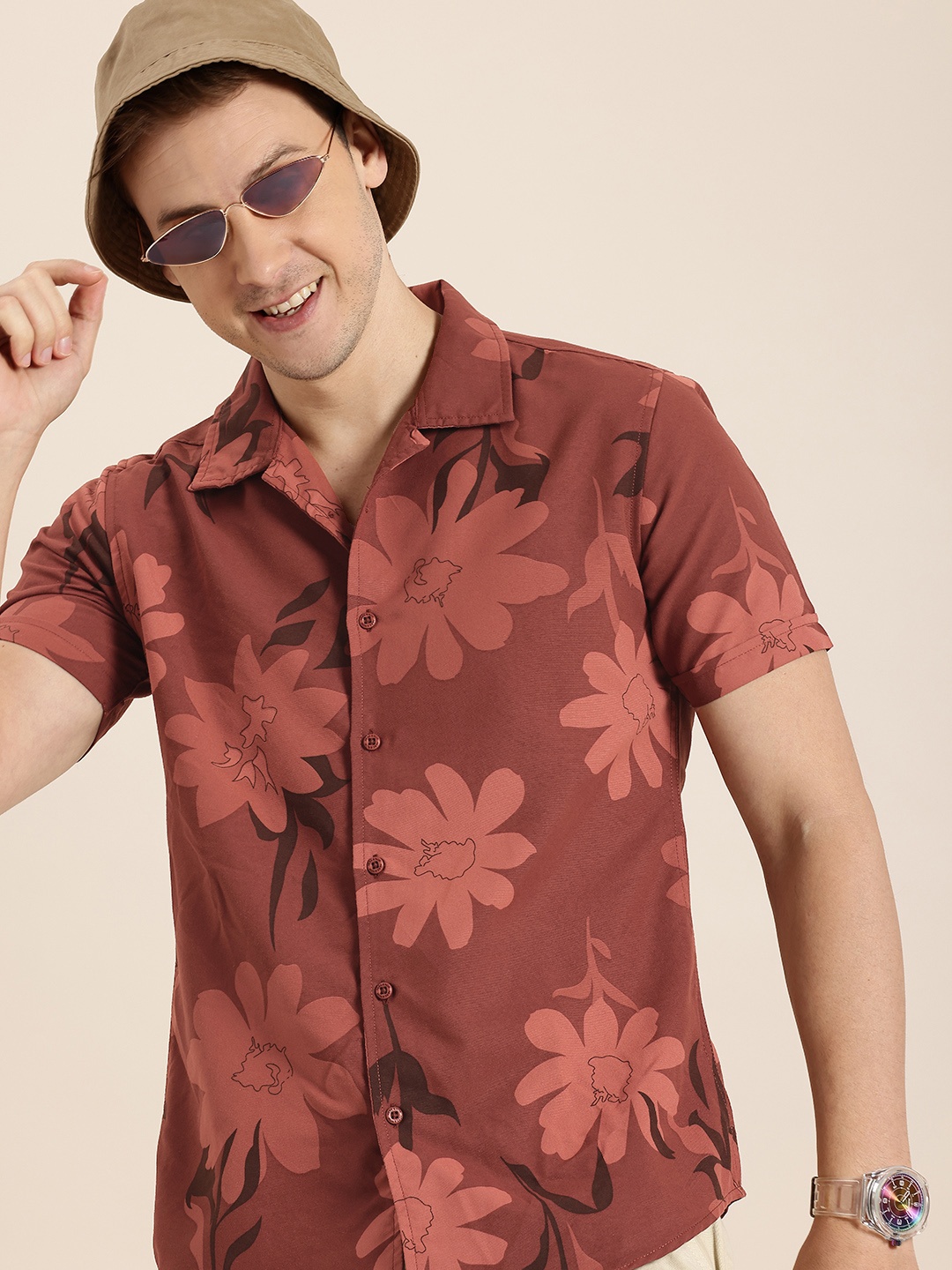 

HERE&NOW Slim Fit Floral Printed Casual Shirt, Brown