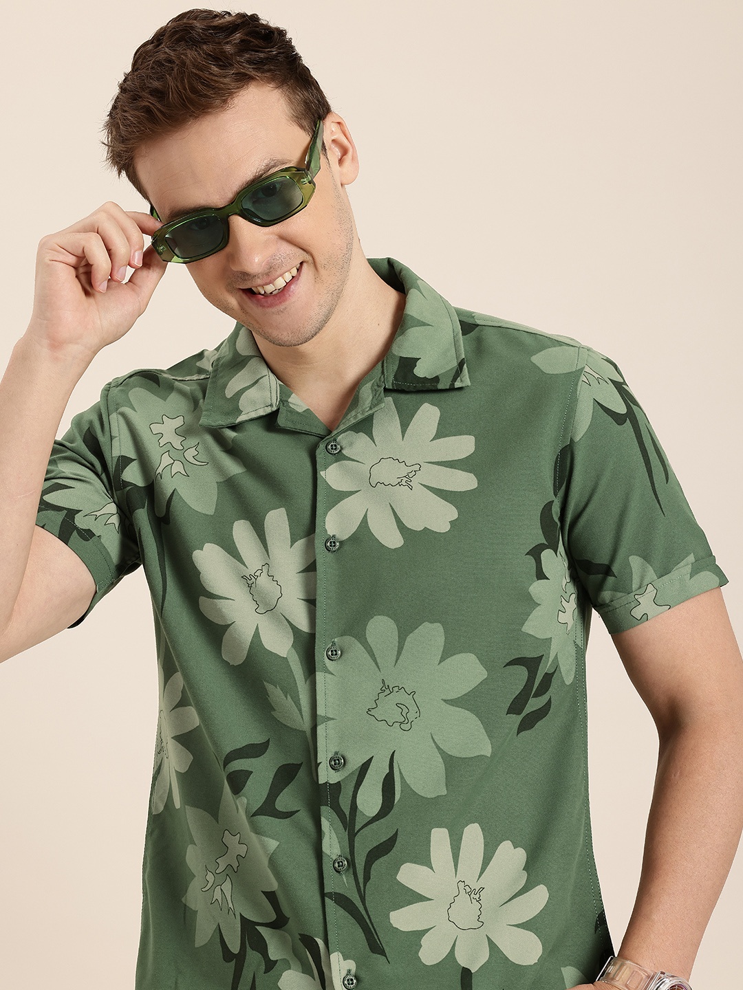 

HERE&NOW Slim Fit Floral Printed Casual Shirt, Green