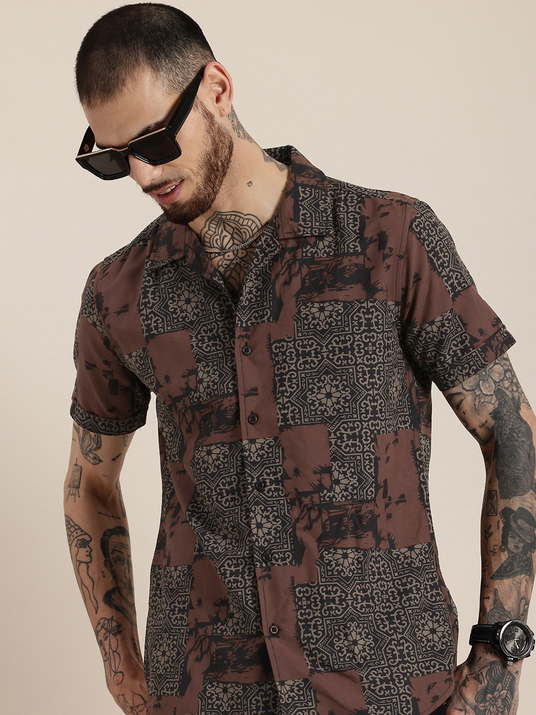

HERE&NOW Slim Fit Ethnic Motifs Printed Casual Shirt, Brown