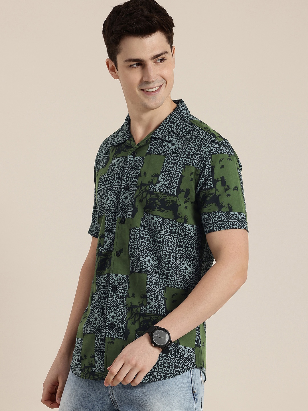 

HERE&NOW Slim Fit Ethnic Motifs Printed Casual Shirt, Olive