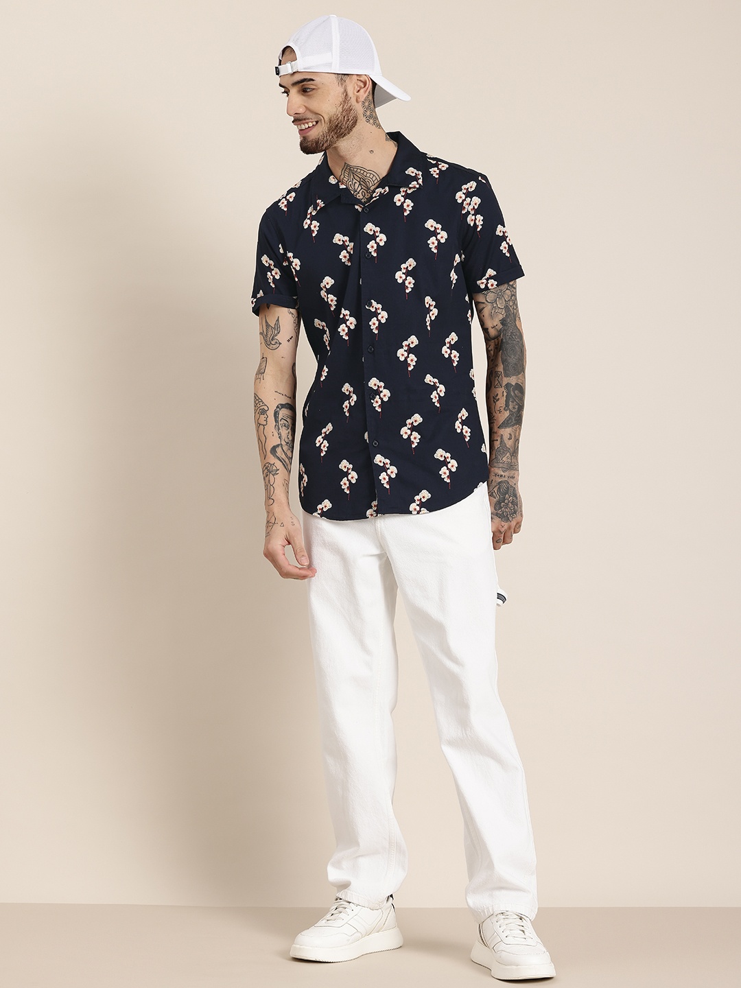 

HERE&NOW Pure Cotton Slim Fit Floral Printed Casual Shirt, Navy blue