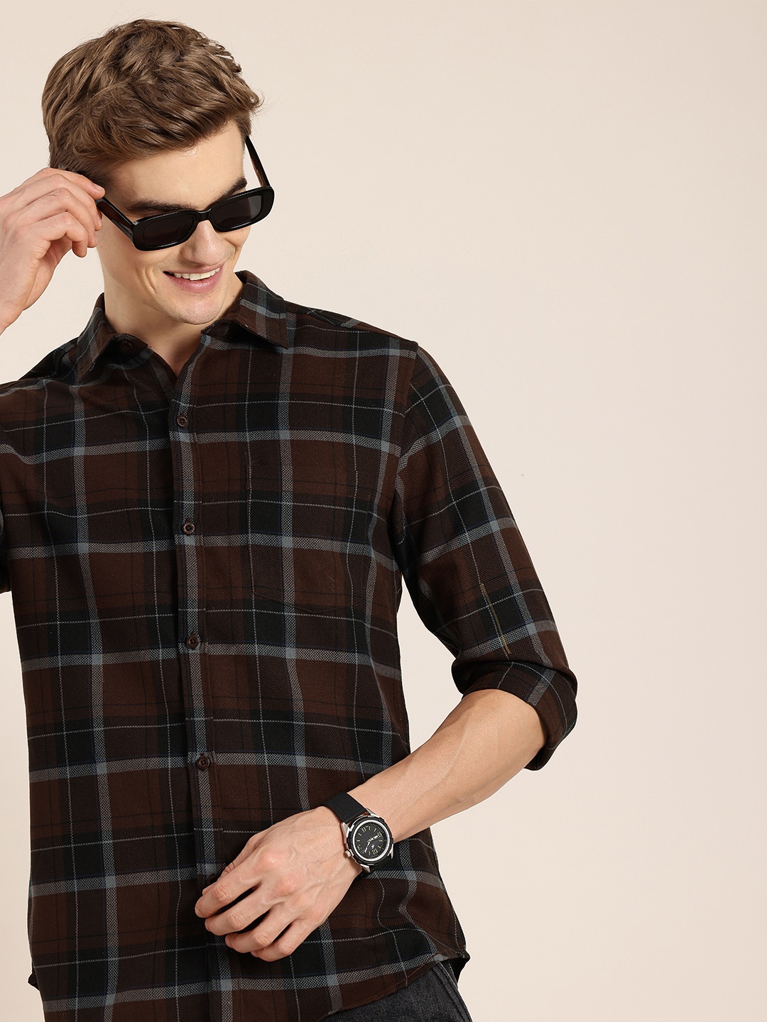 

HERE&NOW Slim Fit Checked Casual Shirt, Brown