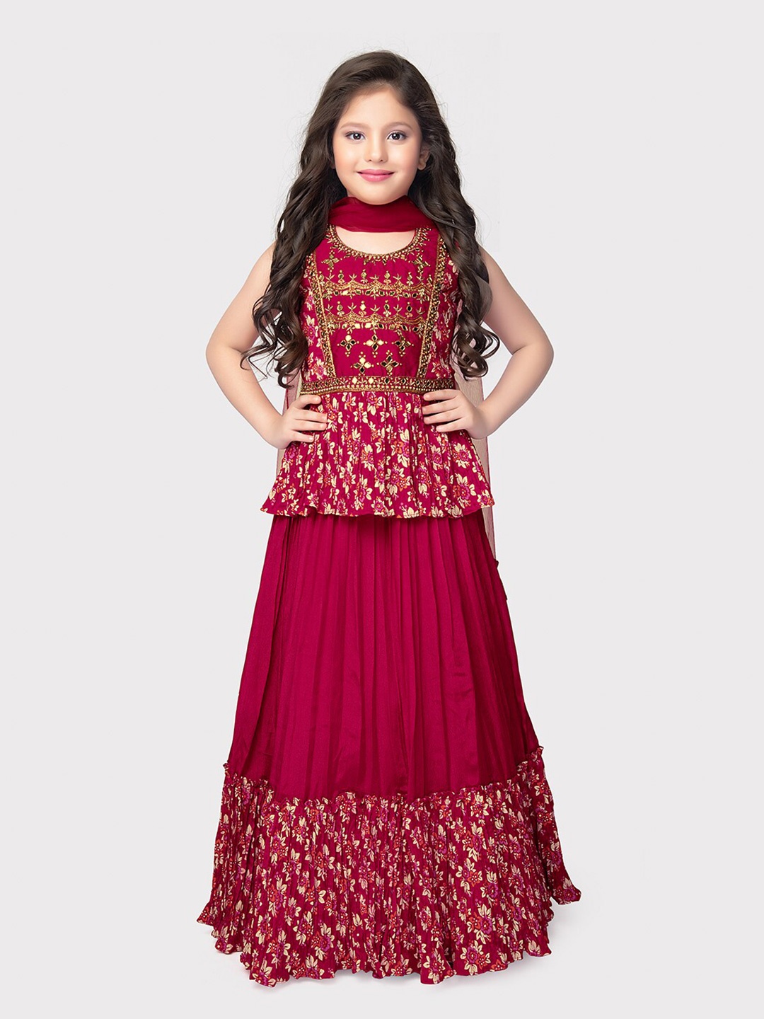 

Tiny Kingdom Girls Embroidered Ready to Wear Lehenga & Blouse With Dupatta, Pink
