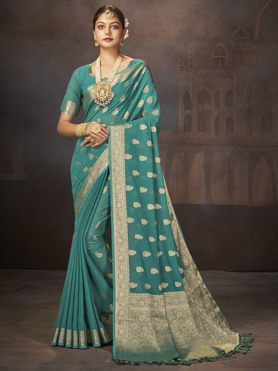 

DIVASTRI Ethnic Motifs Woven Design Zari Pure Georgette Banarasi Saree, Blue