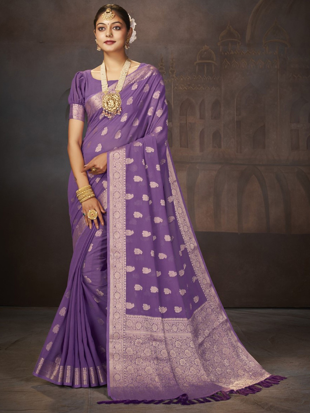 

DIVASTRI Ethnic Motifs Woven Design Zari Pure Georgette Banarasi Saree, Purple