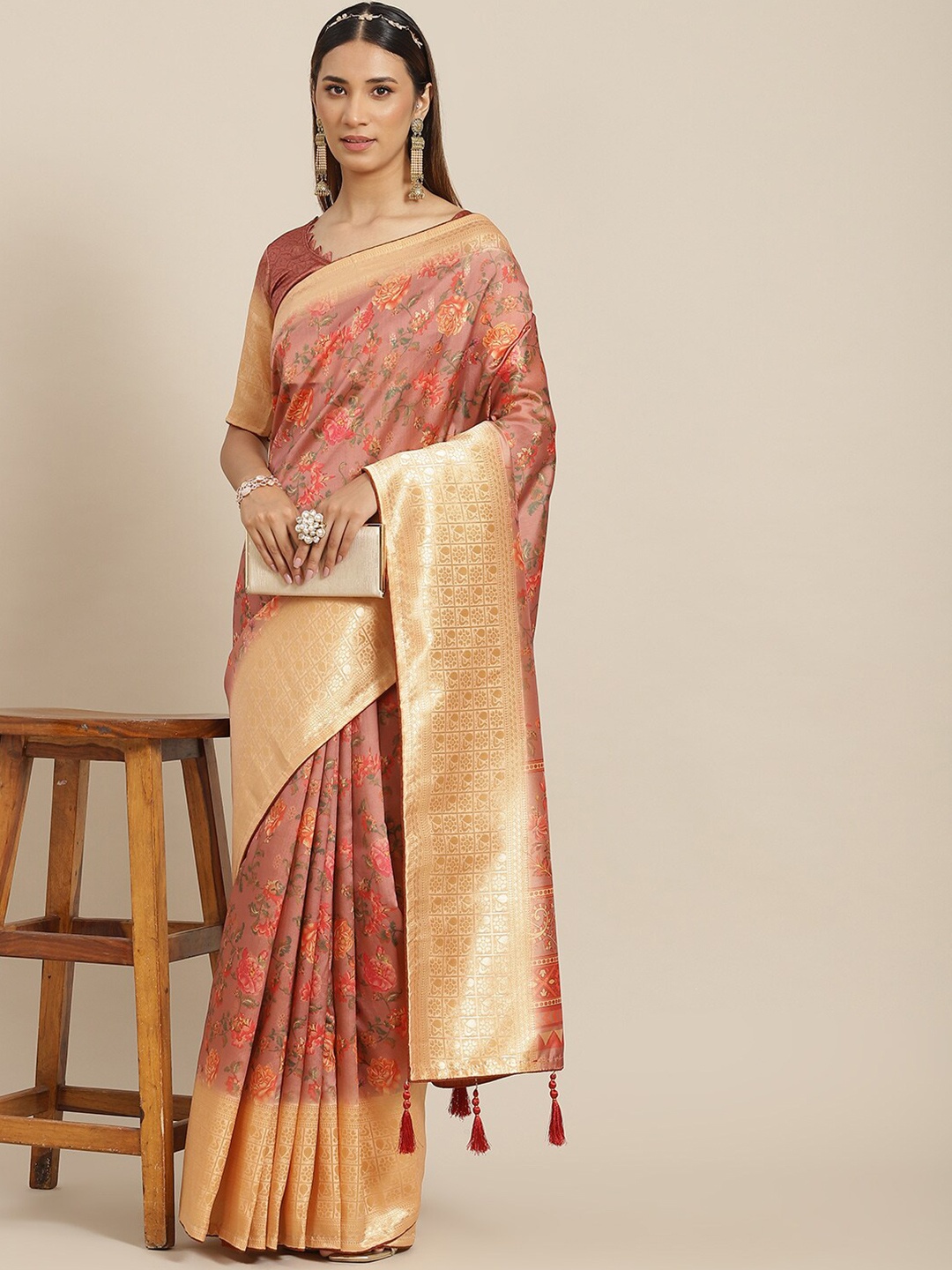 

Mitera Floral Printed Zari Ready To Wear Saree, Pink