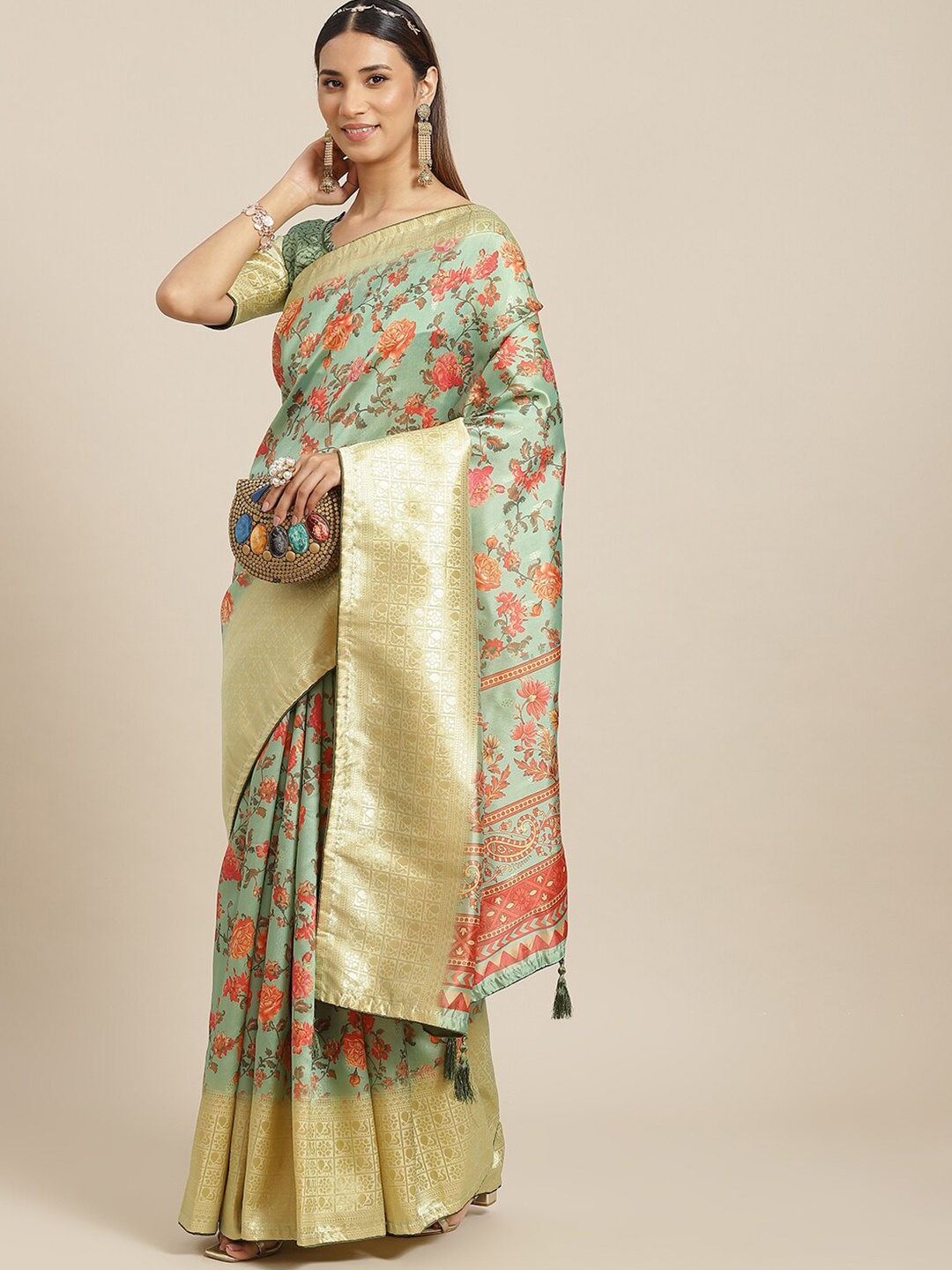 

Mitera Floral Printed Zari Banarasi Saree, Sea green
