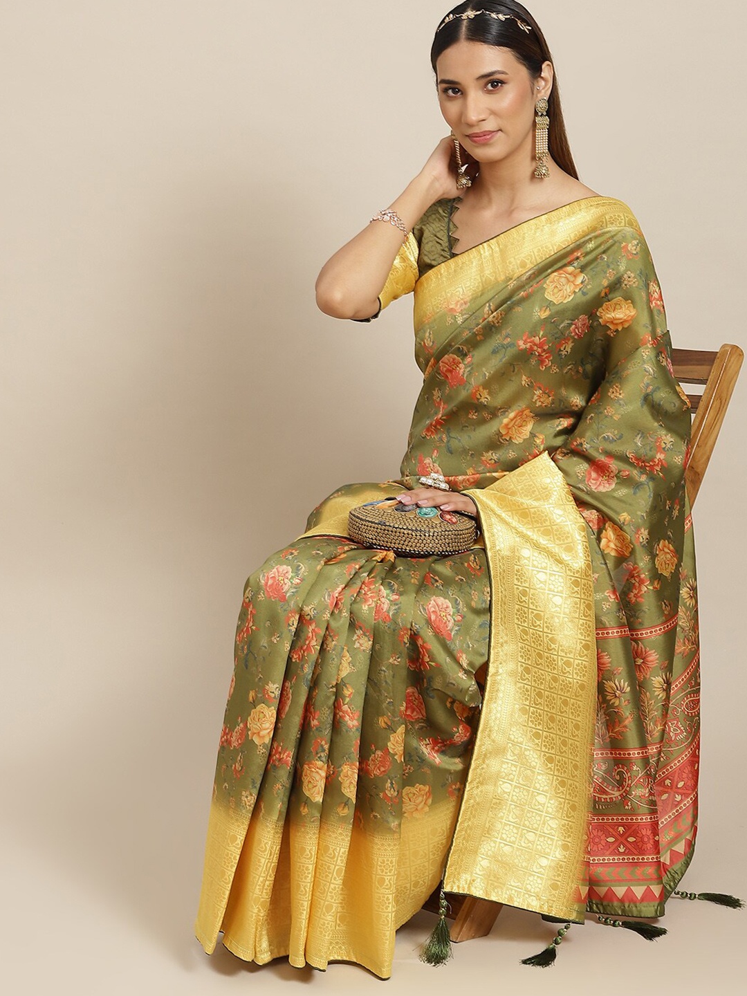 

Mitera Green Floral Printed Zari Saree