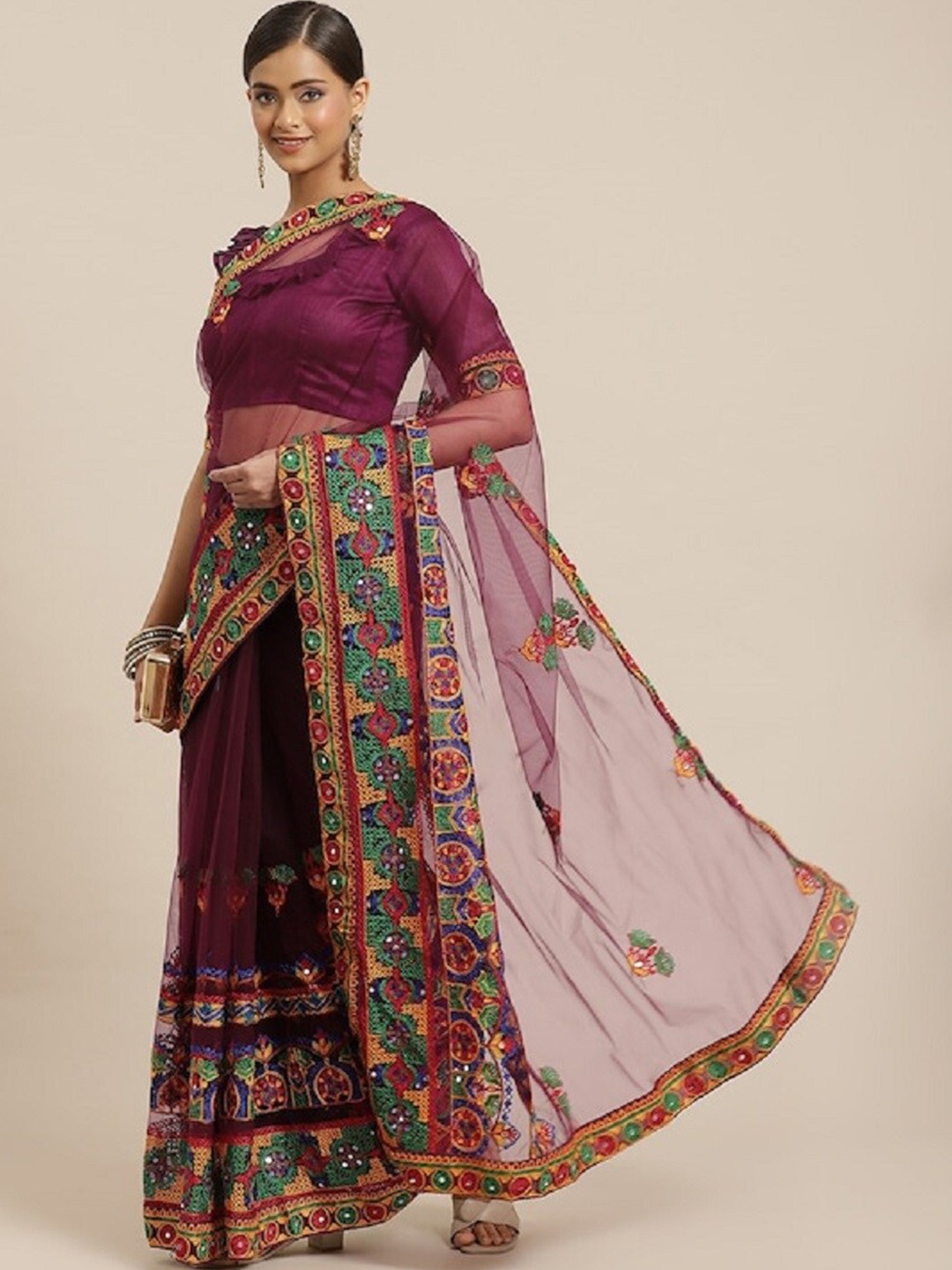 Mitera Ethnic Motifs Embroidered Net Saree, Purple