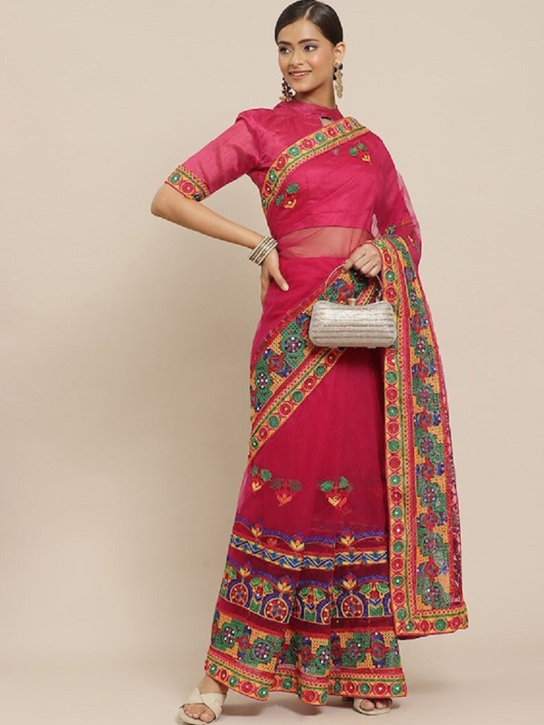 

Mitera Ethnic Motifs Embroidered Net Saree, Pink