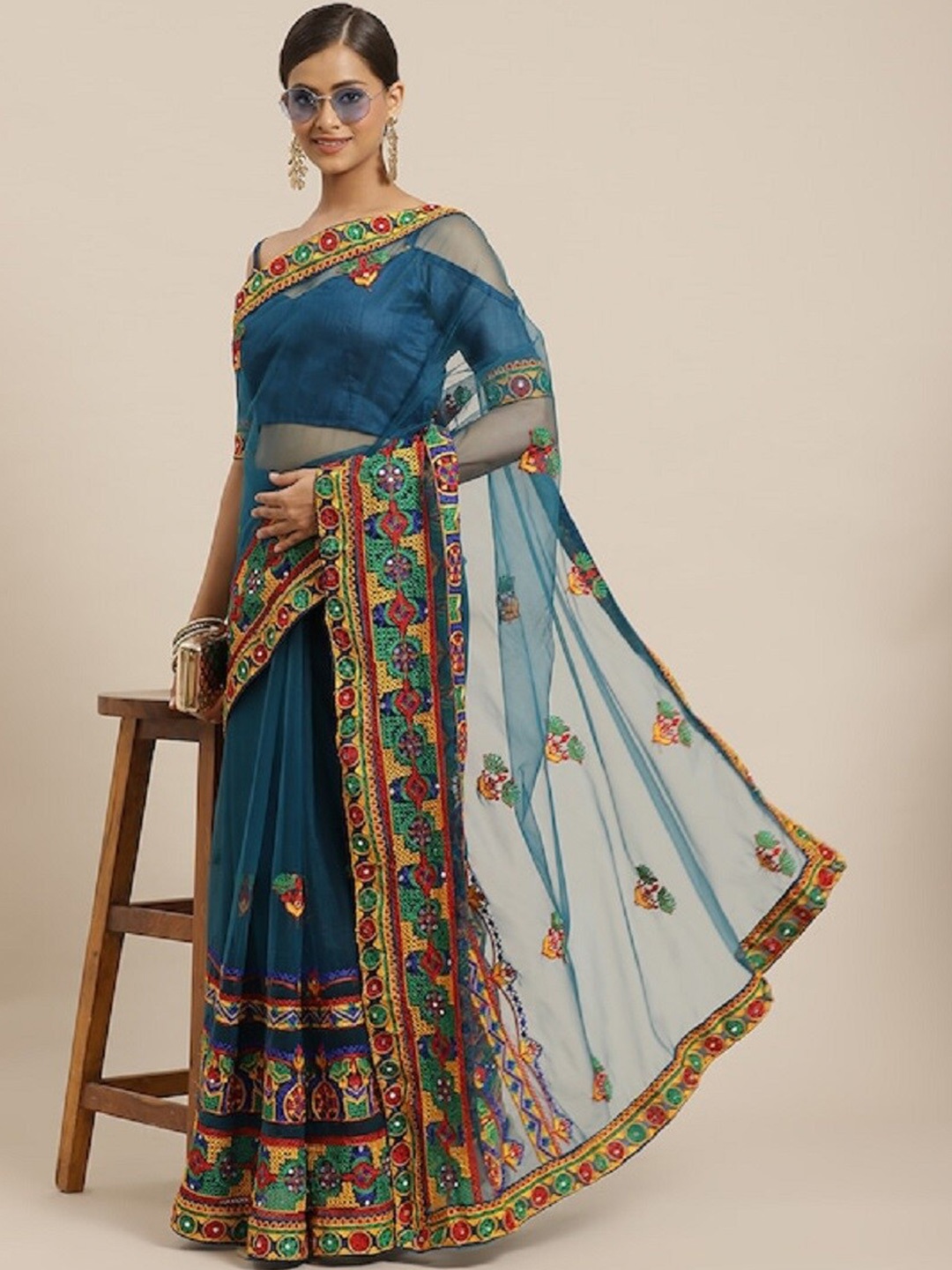 Mitera Turquoise Blue Ethnic Motifs Embroidered Saree