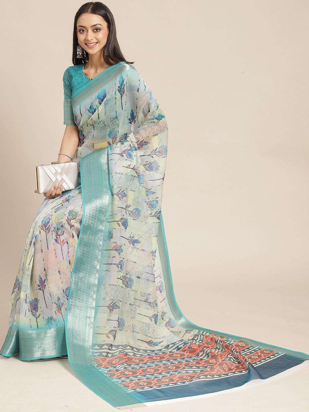 

Mitera Cream-Coloured Floral Printed Zari Organza Saree