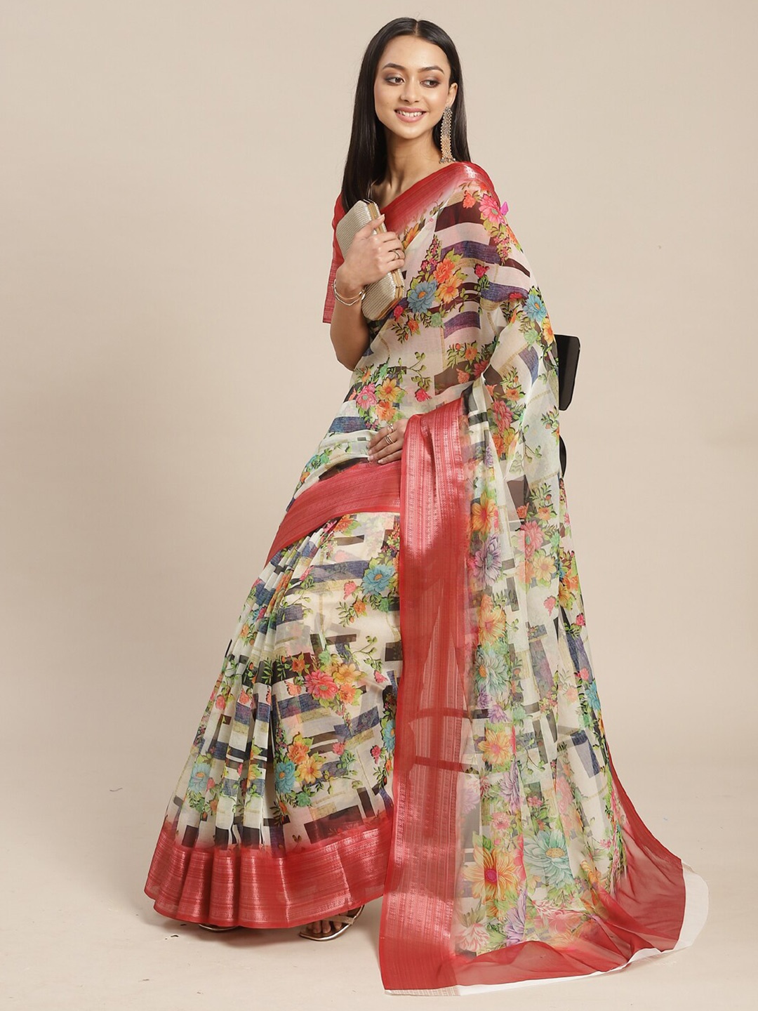 

Mitera Floral Printed Zari Organza Saree, Beige