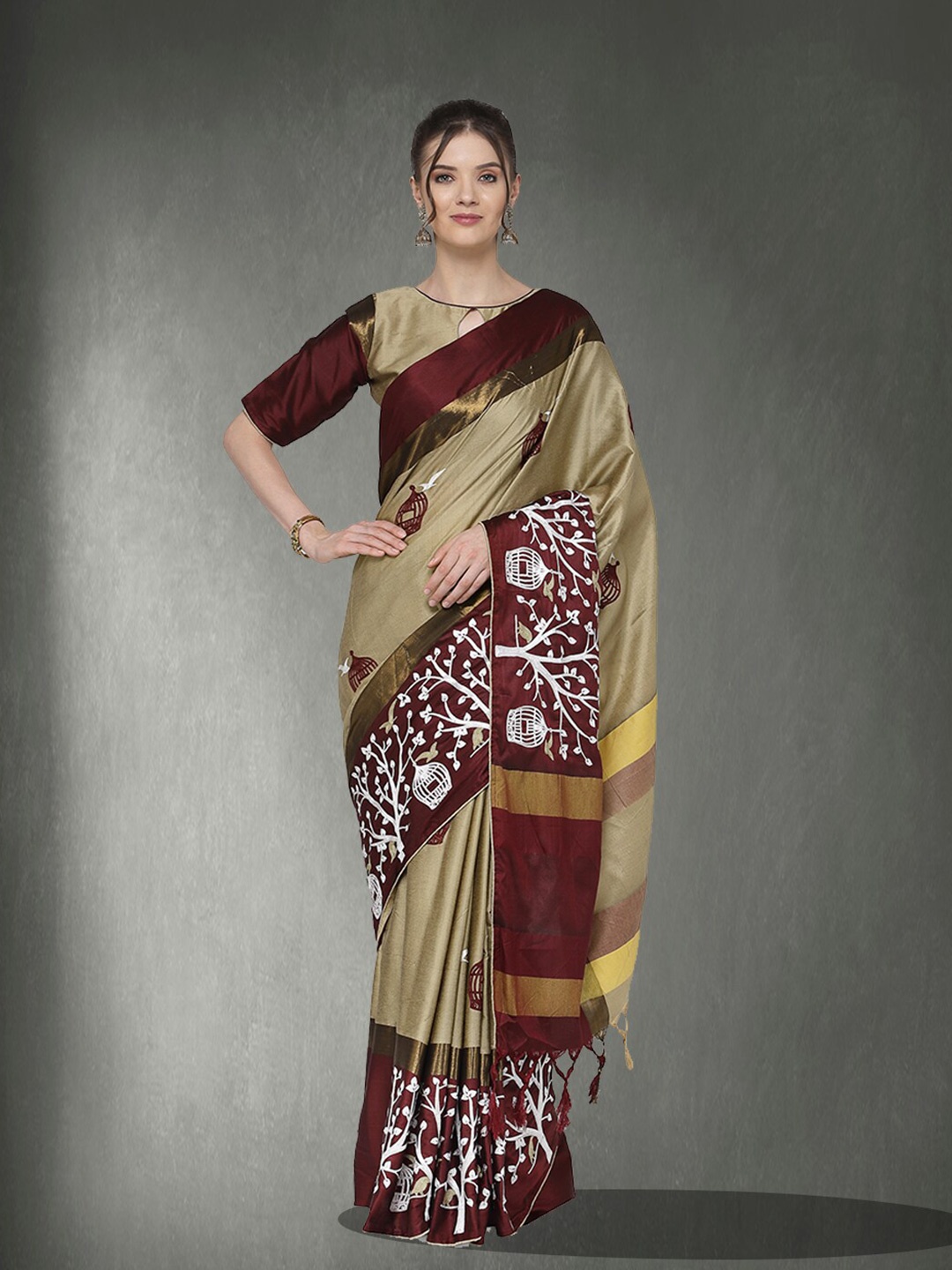 

Mitera Ethnic Motifs Embroidered Silk Cotton Uppada Saree, Cream