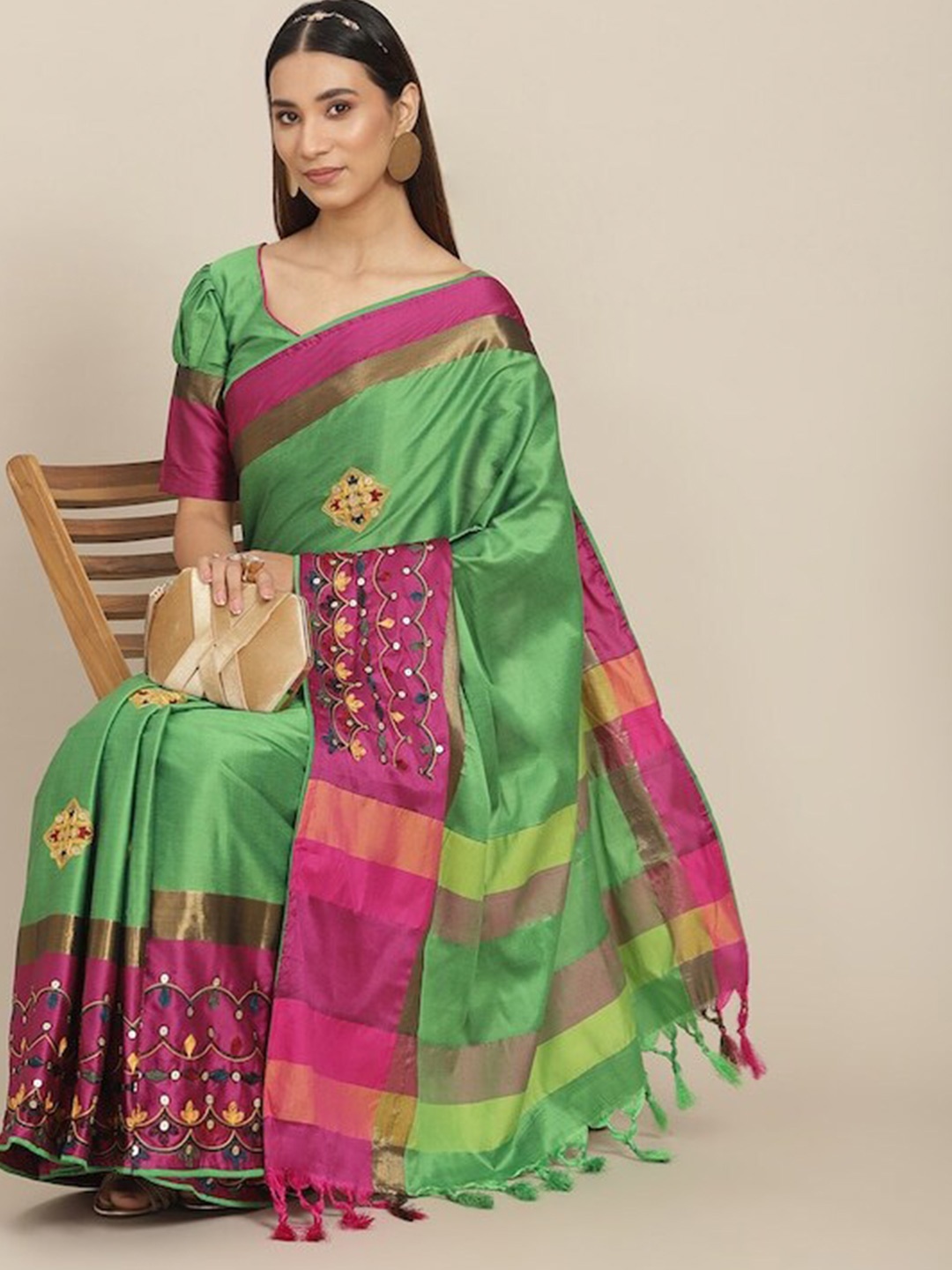 

Mitera Ethnic Motifs Kutchi Embroidery Silk Cotton Saree, Green