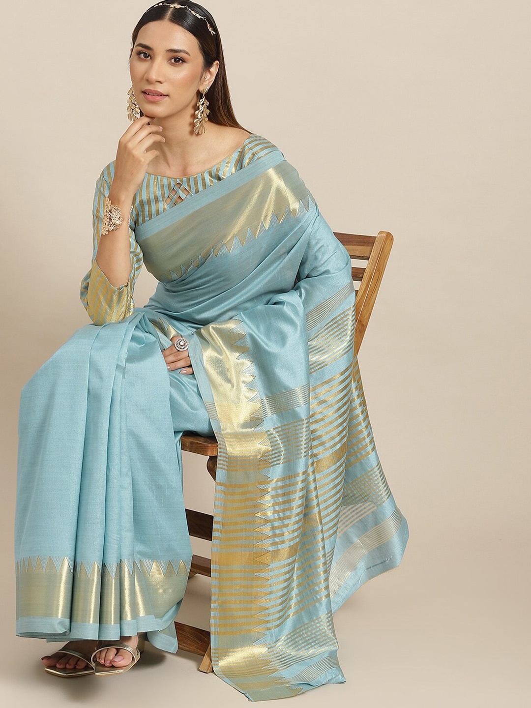 

Mitera Woven Design Border Zari Saree, Turquoise blue
