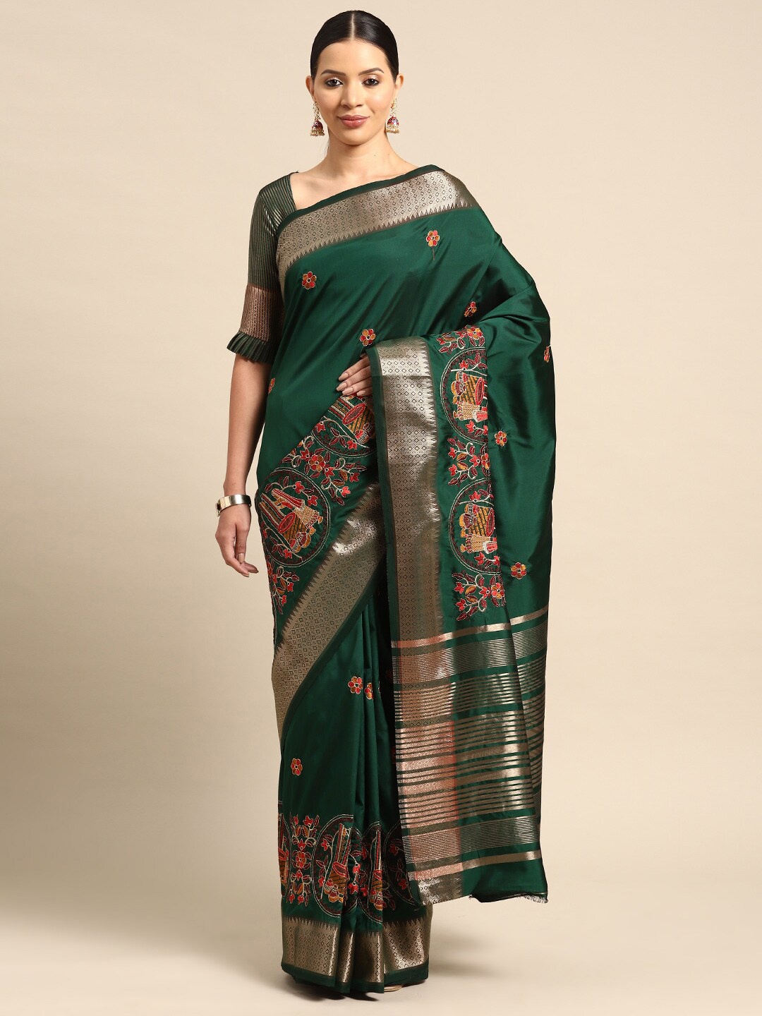 

Mitera Ethnic Motifs Embroidered Zari Silk Cotton Saree, Green