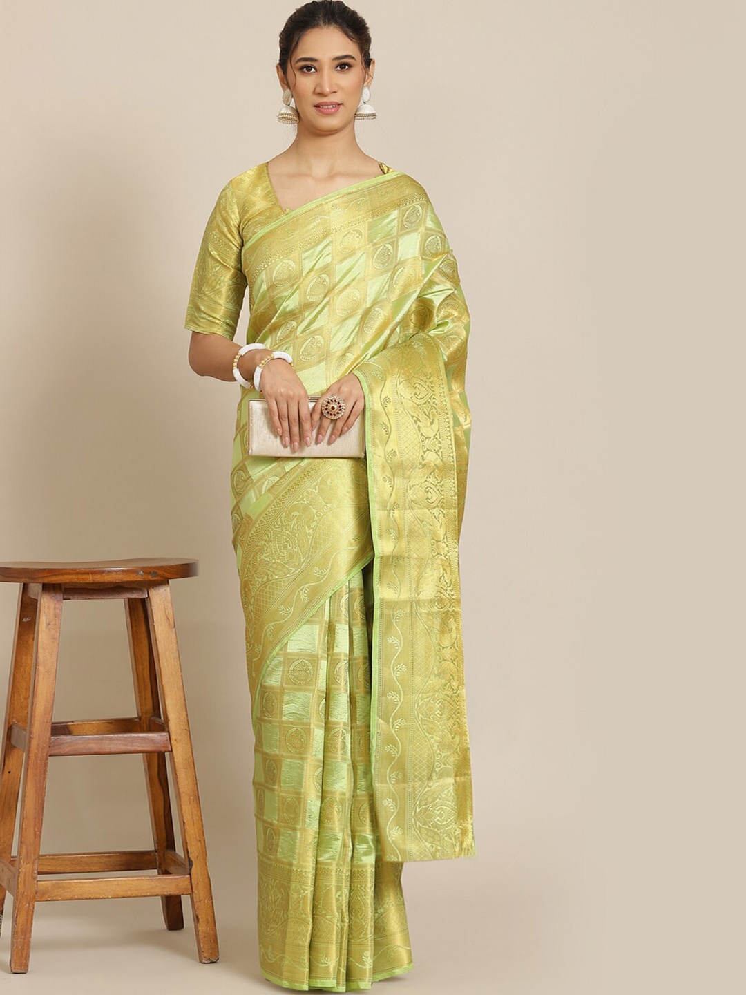 

Mitera Ethnic Motifs Woven Design Zari Silk Cotton Banarasi Saree, Lime green