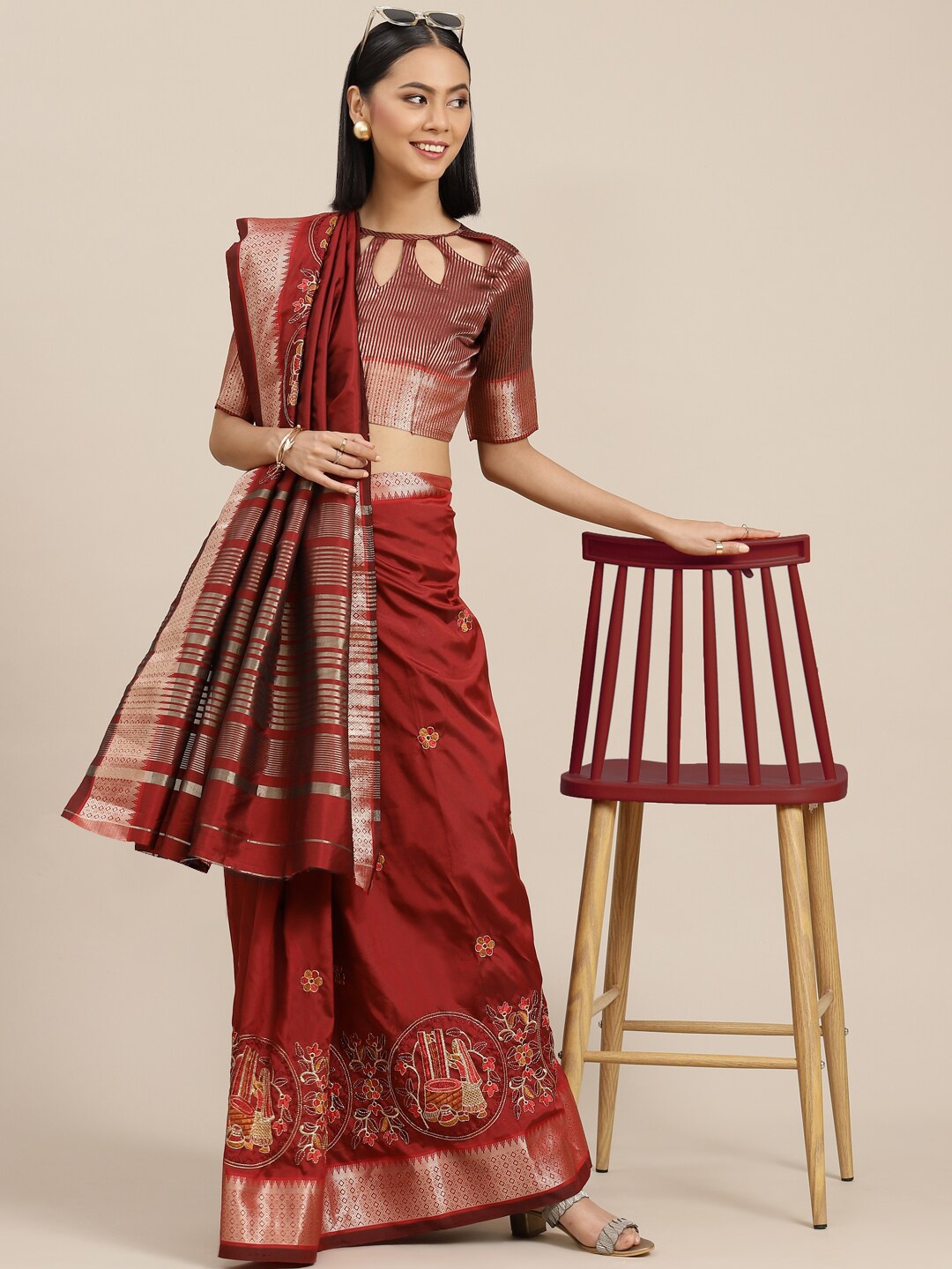

Mitera Ethnic Motifs Embroidered Silk Cotton Saree, Maroon