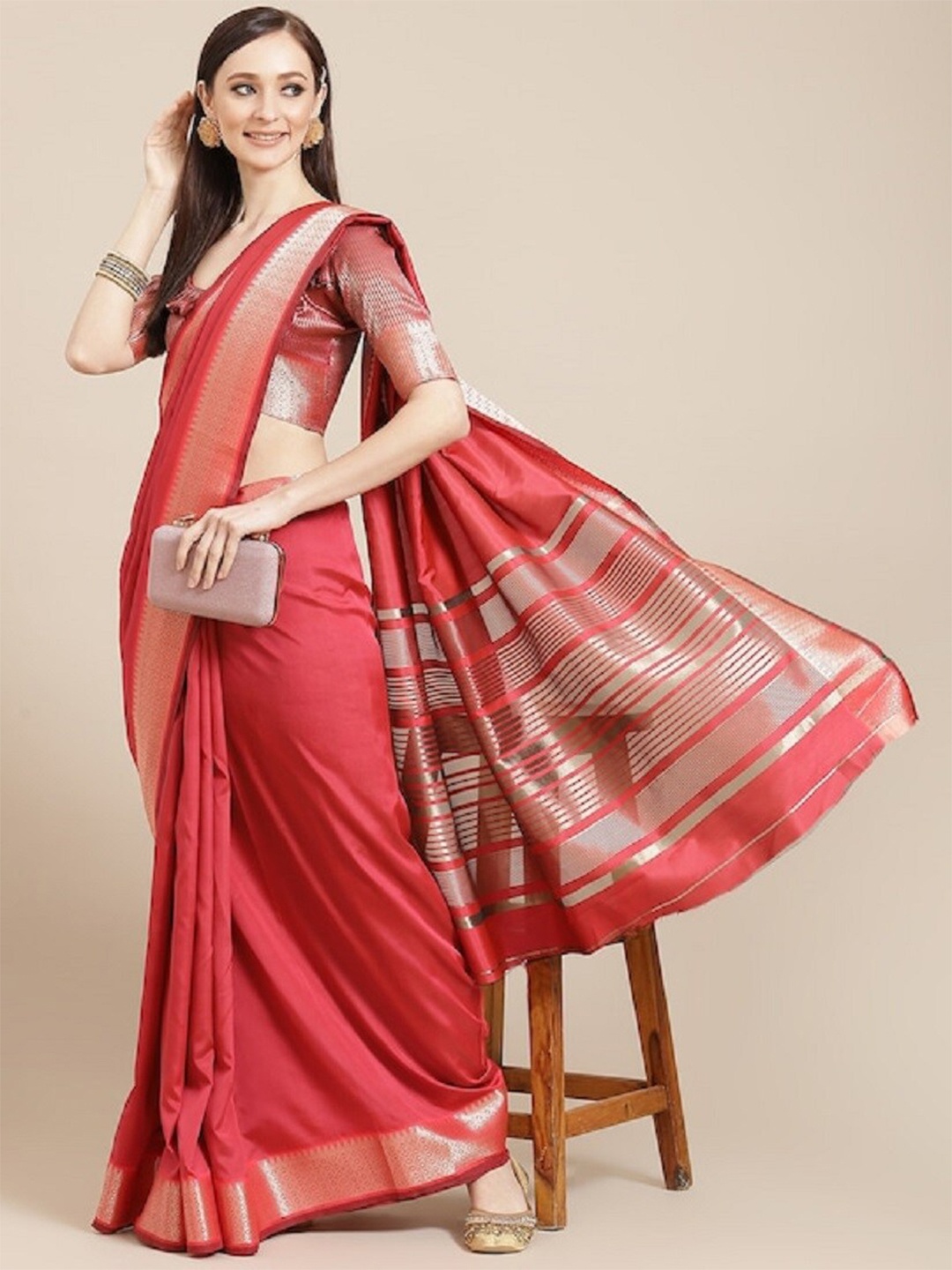 

Mitera Woven Designed Border Zari Silk Cotton Saree, Red