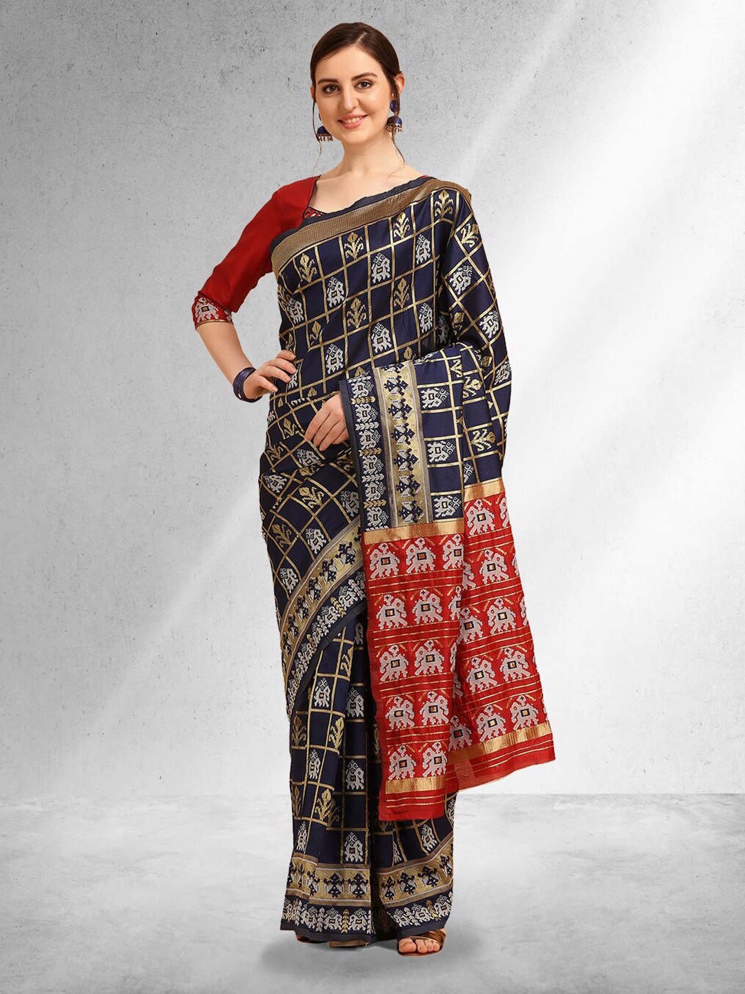 

Mitera Ethnic Motifs Woven Designed Zari Silk Cotton Banarasi Saree, Navy blue